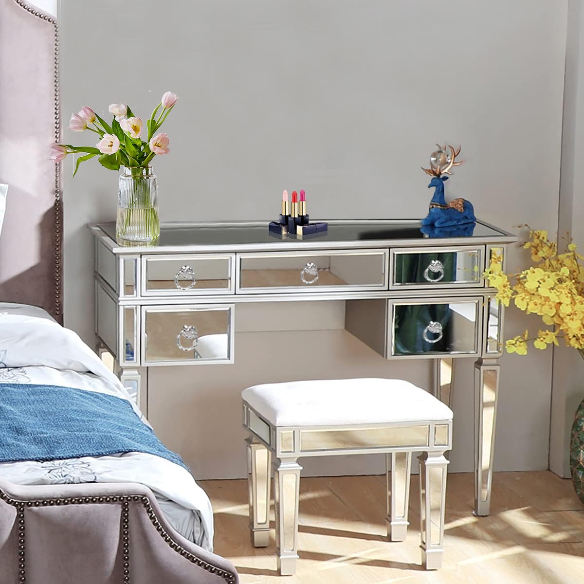 Silver Mirrored Console Table with 5 Drawers - Modern Makeup Vanity Desk & Writing Table for Bedroom, Living Room, Home Office | Perfect for Dressing, Studying, and Media Storage
