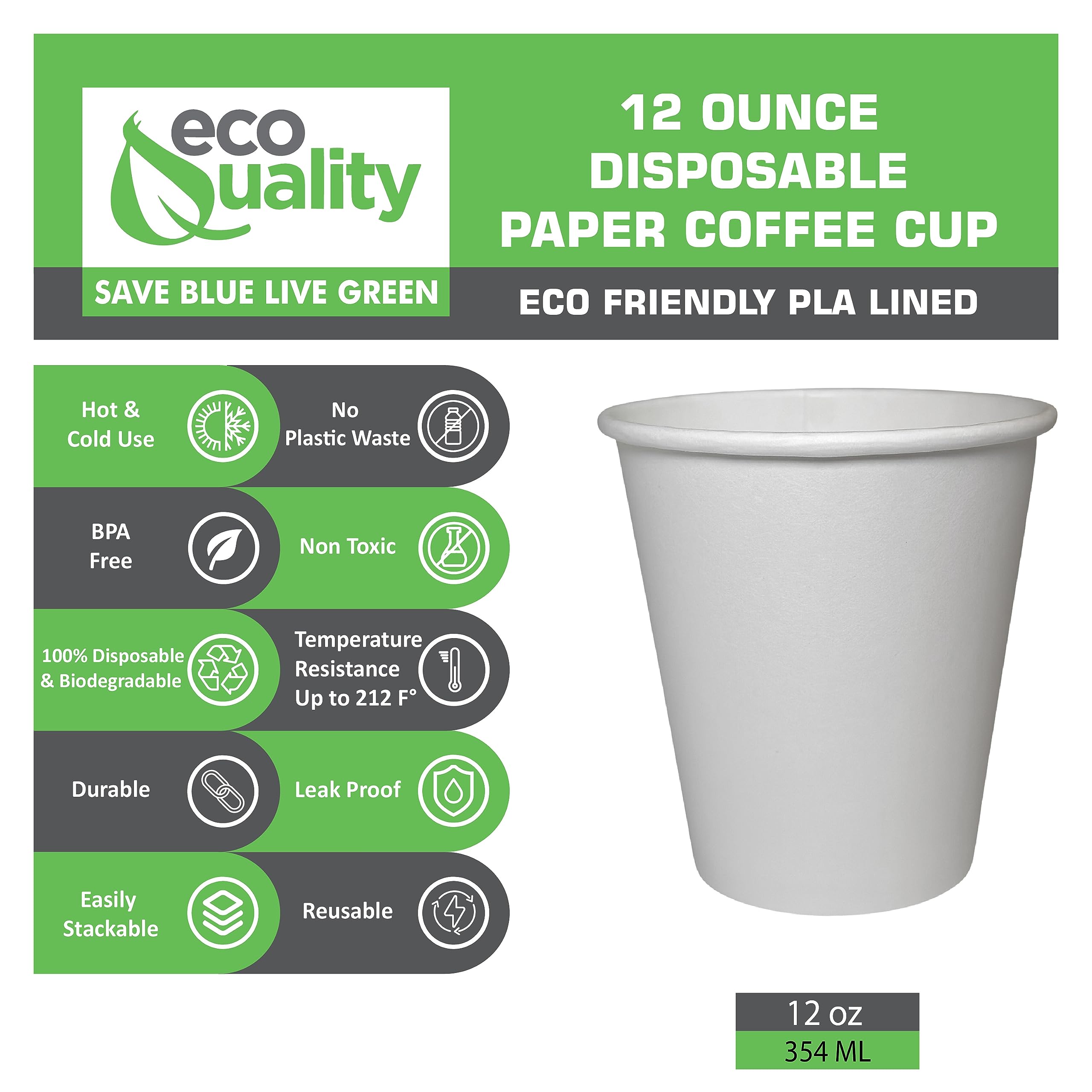 EcoQuality 12 oz White Disposable Hot Drink Paper Cups - Recyclable & Compostable Coffee Cups for Office, Breakroom, Restaurant, Cafe, Tea Shop - Perfect for Latte, Chai, Hot Chocolate (1000 Pack) - Ideal for Daily Coffee Breaks, Catering Events & Takeout Beverages