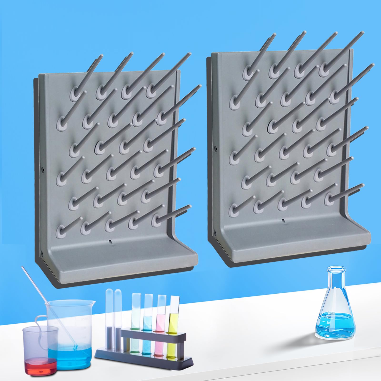 2 Pack Lab Drying Rack - 27 Pegs Wall Mount & Desktop PP Plastic Drying Rack for Laboratory Glassware, Bottles, and Lab Utensils | Perfect for School Labs, Chemistry Classrooms, and Home Science Experiments