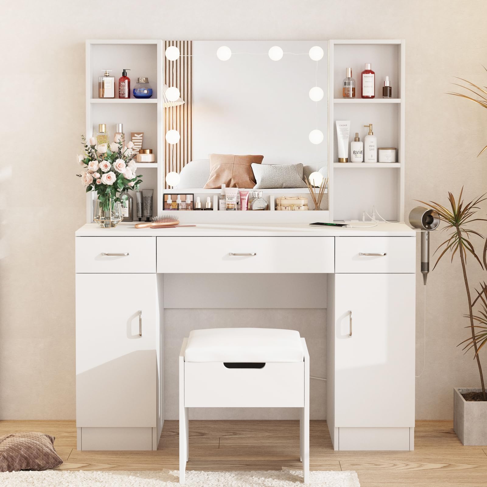 Vabches Makeup Vanity Table with LED Lighted Mirror & Built-in Power Outlet - Large Dressing Table with 3 Lighting Modes, Adjustable Brightness & Ample Storage (45.2 Inch) - Perfect for Bedroom, Dressing Room & Beauty Salon