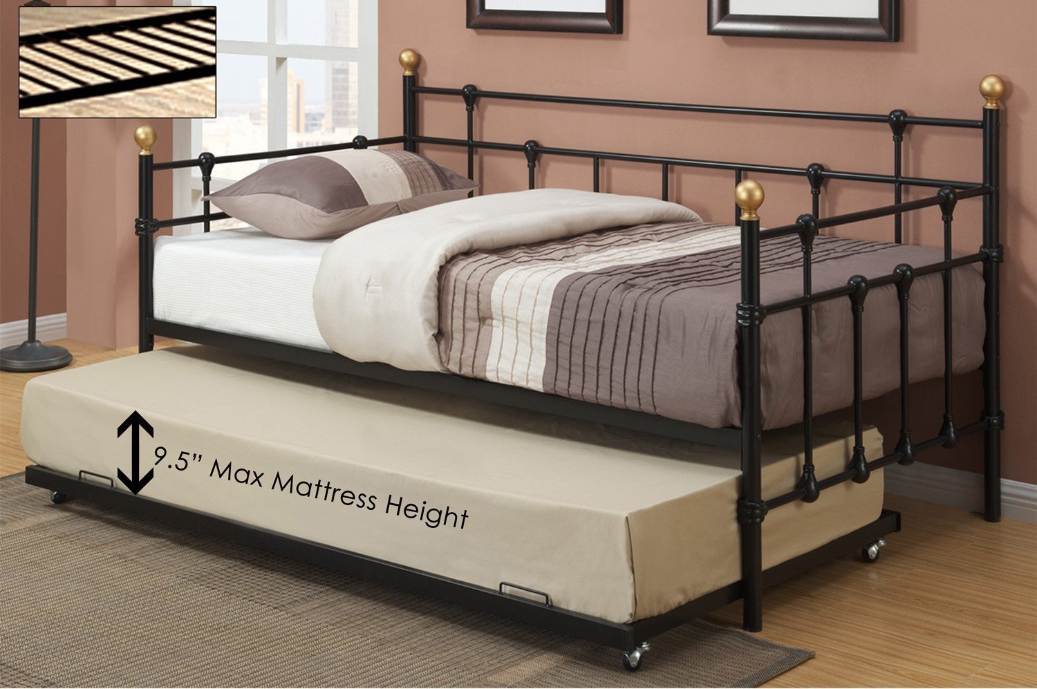 Modern Black Metal Platform Day Bed with Gold Accents - Trundle Option for Guest Room, Dorm, or Small Space
