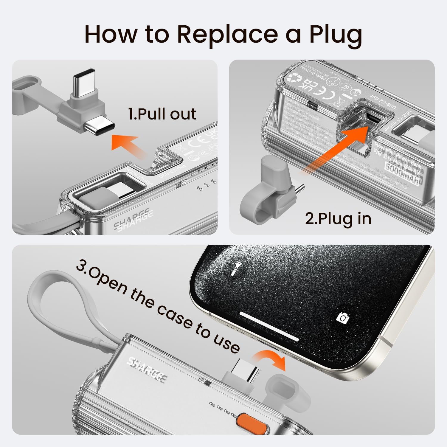 Flow Mini 5000mAh Portable Charger - Compact Power Bank with Interchangeable Plugs & Built-in Cable | Dual USB-C Output for iPhone 16/15/14/13, iPad, Galaxy S24/23 Ultra | Perfect for Travel, Camping & Emergency Power Backup