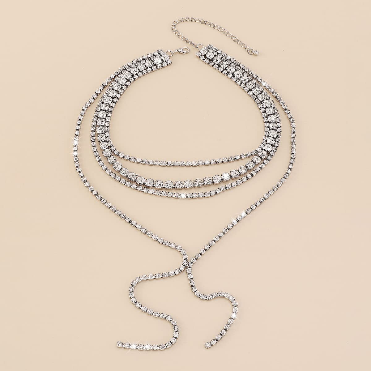 Missgrace 4 Tier Sexy Shiny Layered Y Long Choker Necklaces - Rhinestone Crystal Chain Sparkly Statement Necklace for Women - Perfect for Parties, Weddings, Date Nights & Special Occasions