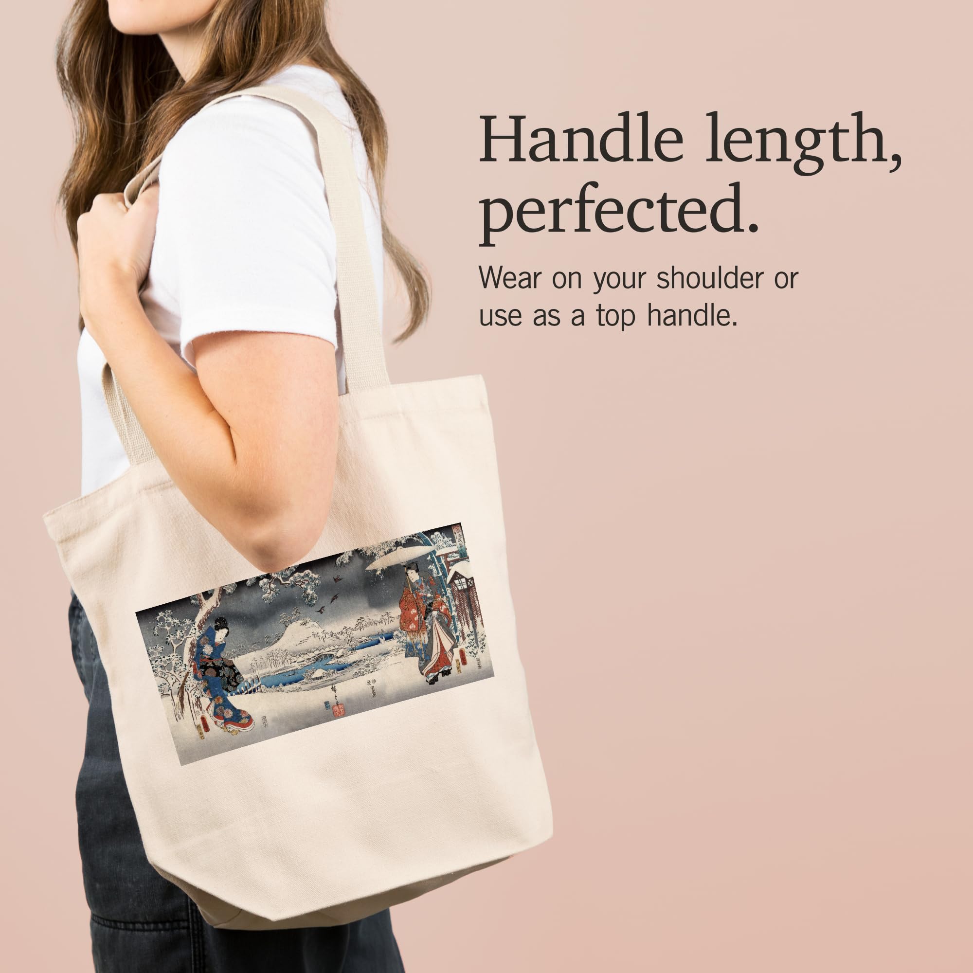 Lantern Press Japanese Wood-Cut Print Tote Bag - Modern Tale of Genji Snow Scene Design | 100% Cotton Canvas Reusable Shopping Bag for Groceries, Books & Beach