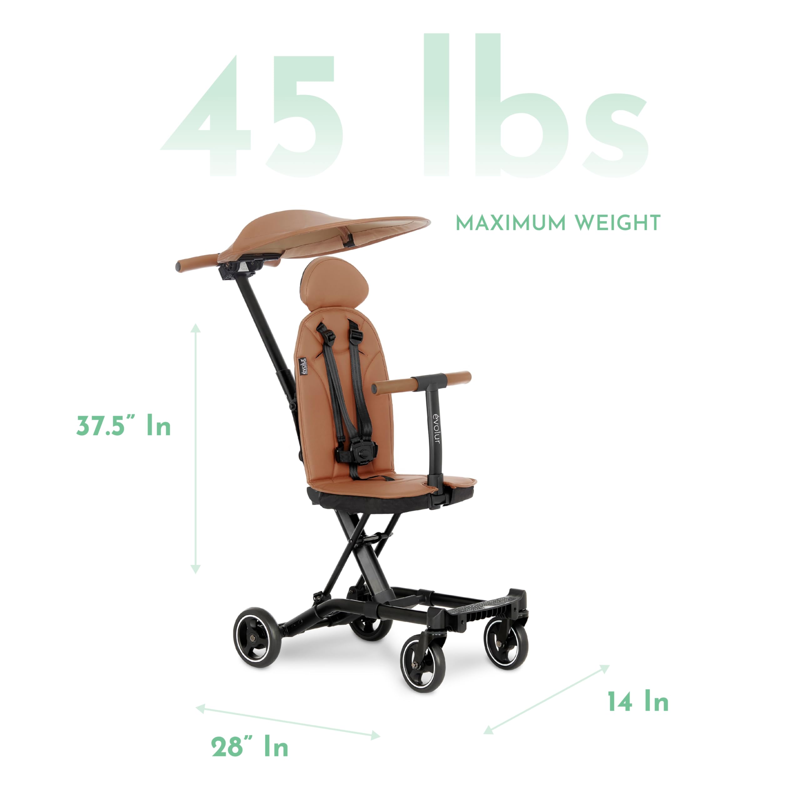 Evolur Cruise Rider Lightweight Compact Fold Stroller with Canopy - Easy Carry Travel Stroller for Toddlers, Perfect for Airports, Shopping & Daily Walks - Cognac