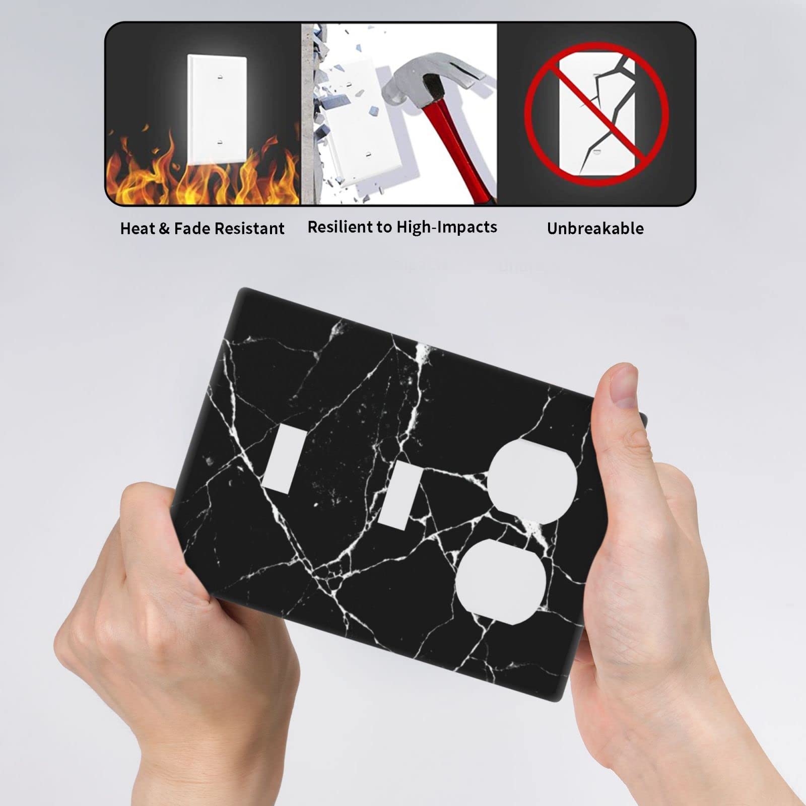 Black Marble Toggle Duplex Outlet Wall Plate - 3 Gang Light Switch Cover with Decorative Texture for Laundry, Living Room, Bathroom & Bedroom - Electrical Receptacle Accessory for Home Decor and Safety