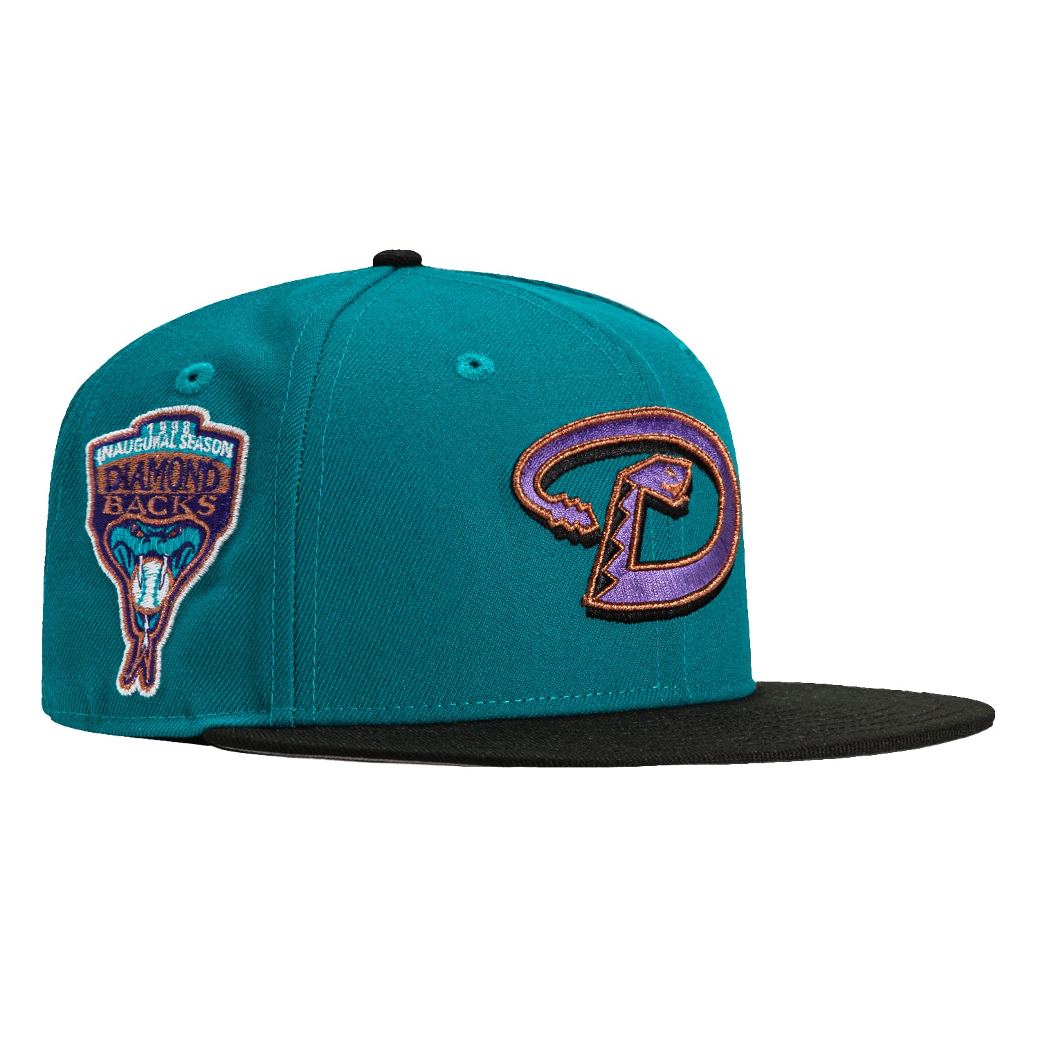 New Era 59Fifty Arizona Diamondbacks MLB Baseball Cap with Inaugural Patch - Teal, Black, Purple & Metallic Copper - Adjustable Snapback Hat for Men & Women - Perfect for Baseball Games, Sports Fans & Streetwear Fashion