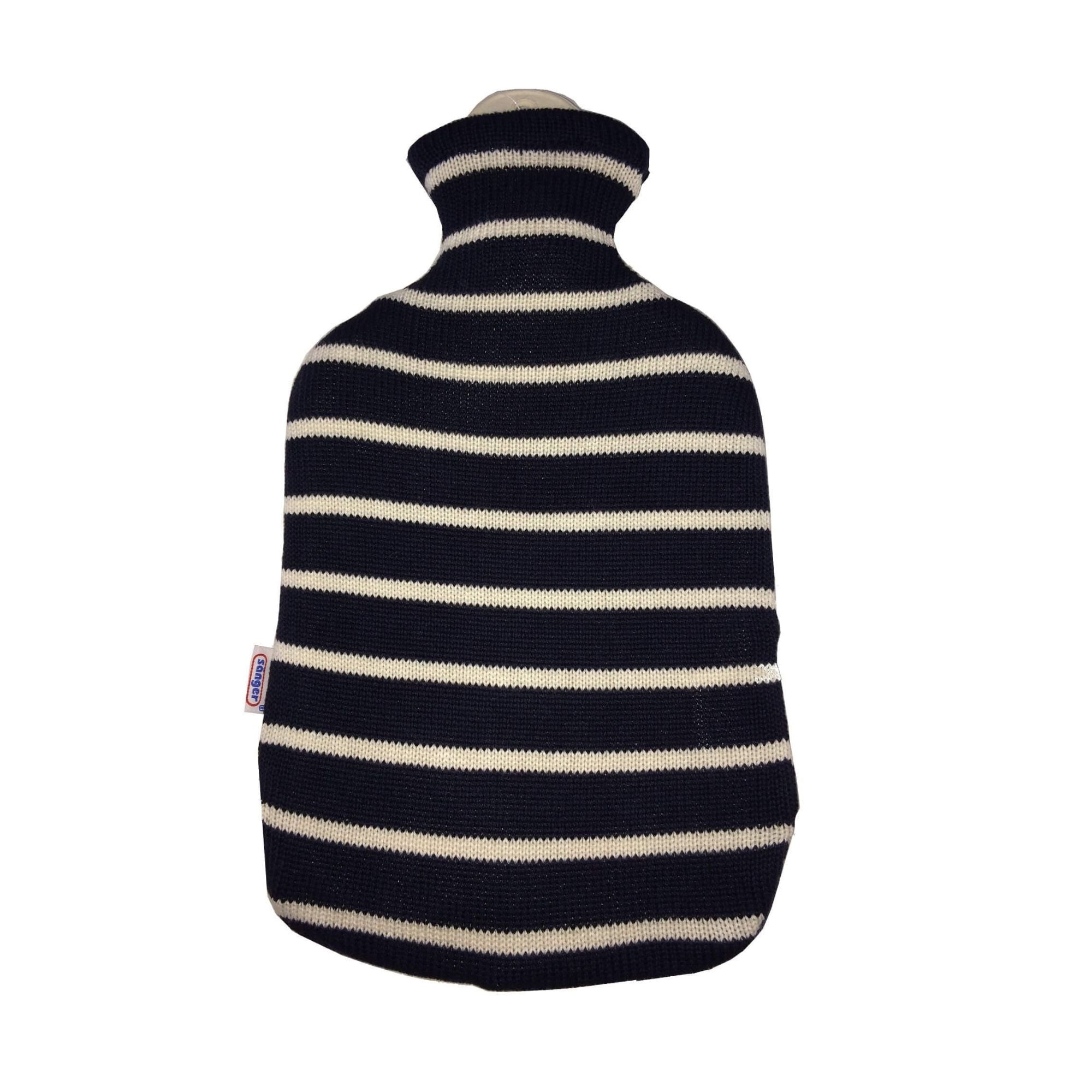 2 Liter Sanger Hot Water Bottle with Knitted Blue & White Stripe Cover - Warm & Cozy for Winter Nights, Period Pain Relief, Muscle Relaxation