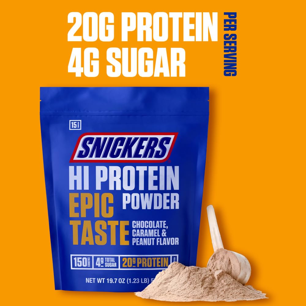 Snickers Chocolate Caramel Peanut Protein Powder - 19.7oz (560g) High Protein Shake Mix for Muscle Recovery, Weight Gain & Post-Workout | Great for Smoothies, Baking & Healthy Snacks