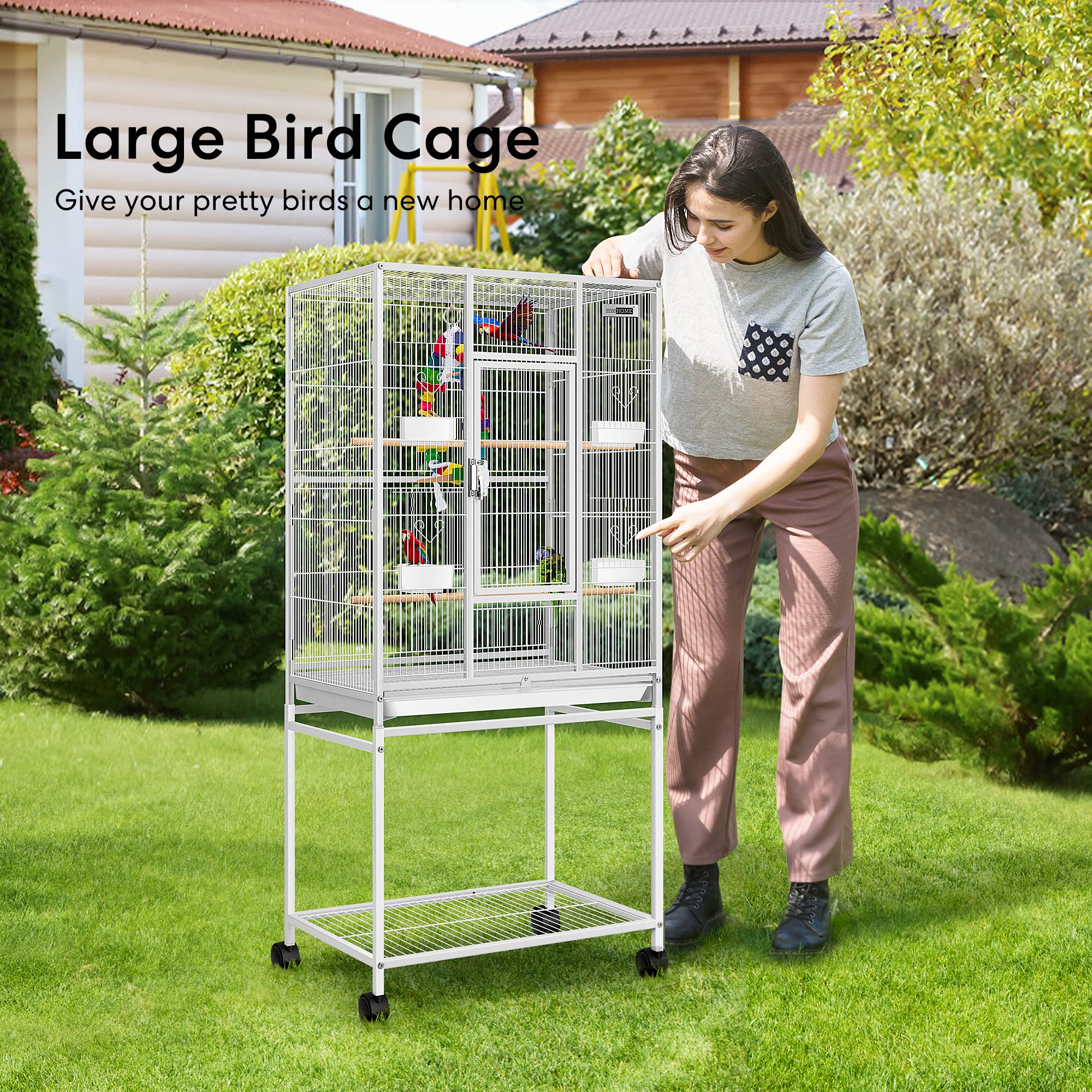 VIVOHOME 54 Inch Large Wrought Iron Bird Cage with Rolling Stand - Flight Cage for Parakeets, Canaries, Cockatiels, Lovebirds & Conures - Perfect for Home, Office or Outdoor Use (White)