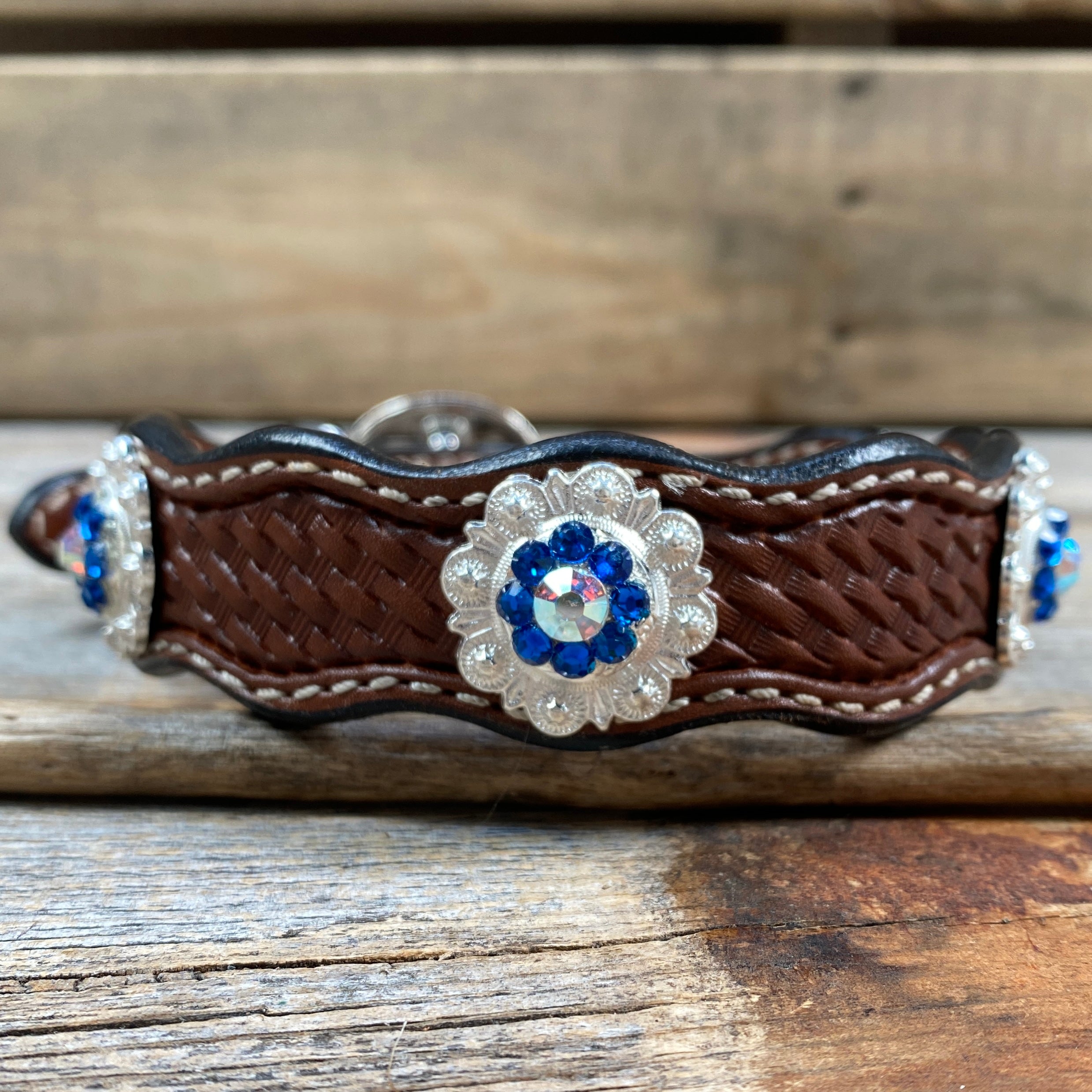 Premium Genuine Leather Dog Collar with Shiny Silver Capri & AB Conchos - Adjustable 10-22 Inches (DC48) - Durable & Stylish for Daily Walks, Training & Outdoor Adventures