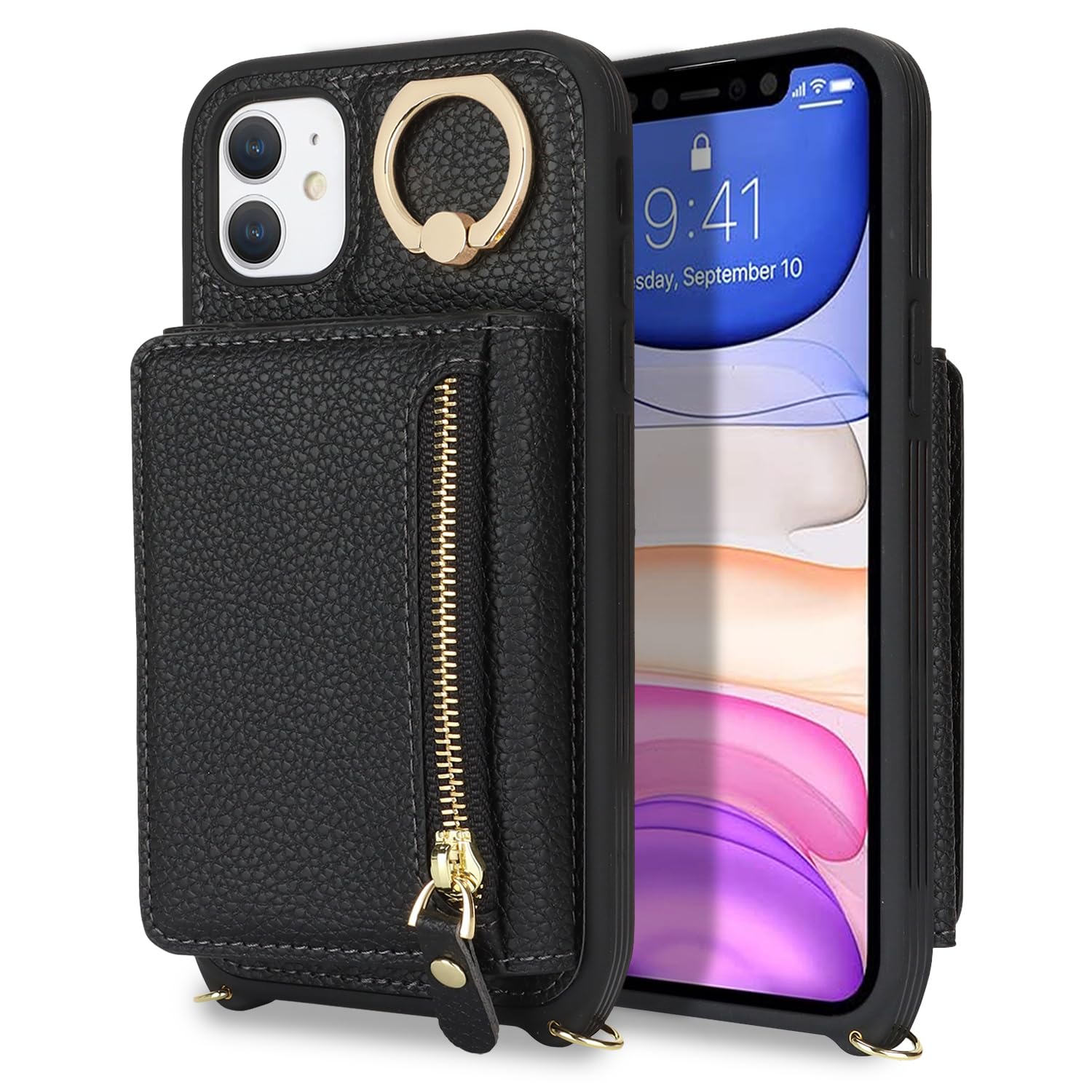 Premium Leather iPhone 11 Case with Card Holder & Crossbody Strap - Wallet Phone Case with Zipper Pocket, Stand Ring & Lanyard for Women (Black) | Perfect for Travel, Shopping & Everyday Protection