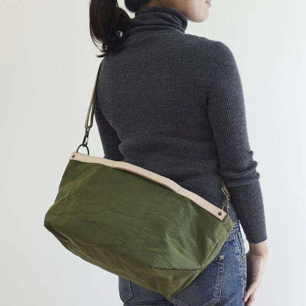 Kurashiki Hampu Canvas Shoulder Bag - Khaki Japanese Style Tote for Women & Men | Durable Cotton Crossbody Bag for Travel, Work & Everyday Use