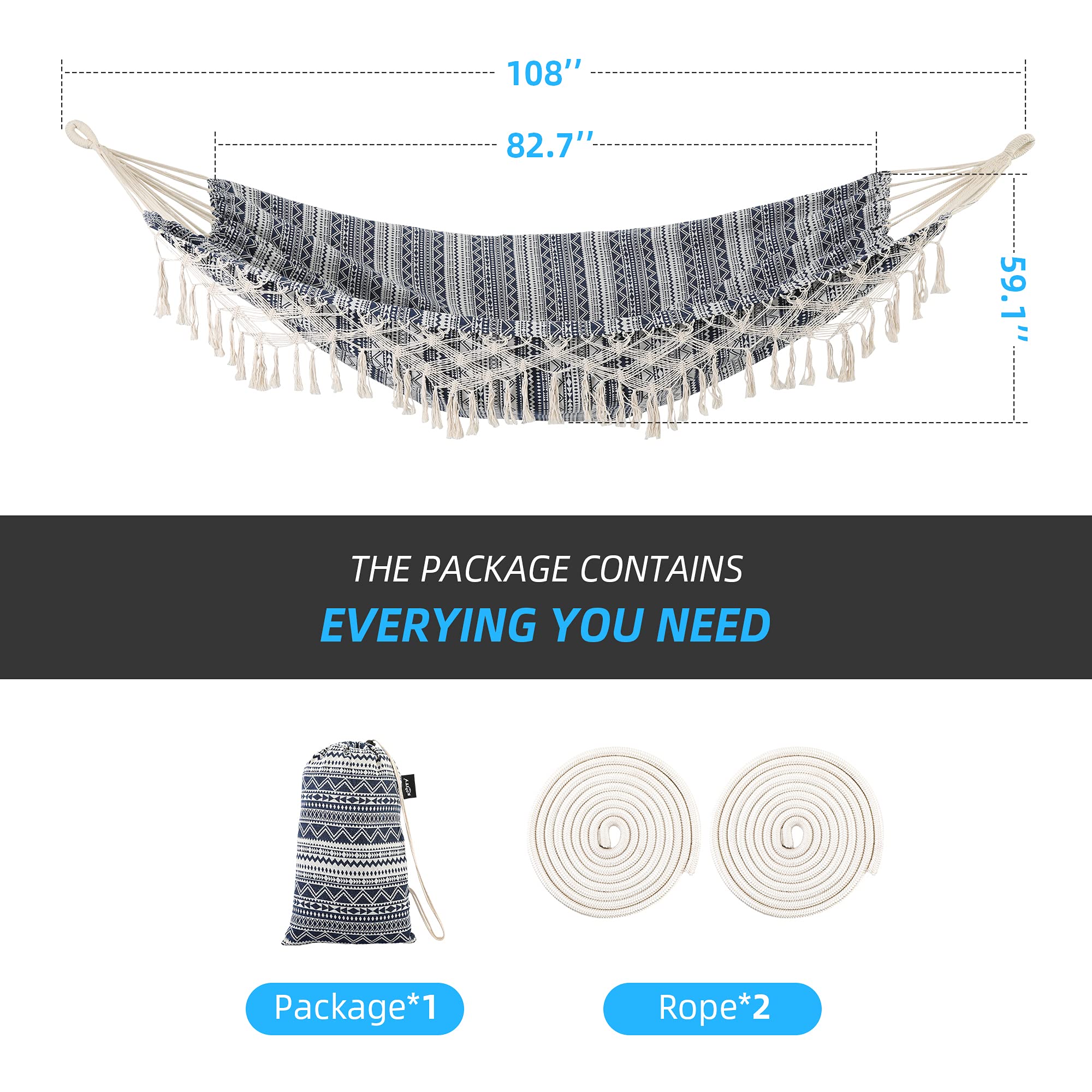 Premium Cotton Garden Hammock with Tassels - 2 Person Indoor/Outdoor Hammock with Carry Bag - Macrame Fringe Design for Patio, Porch, Backyard & Beach - Supports Up to 450Lbs (Blue-White) - Perfect for Relaxing, Lounging & Outdoor Adventures