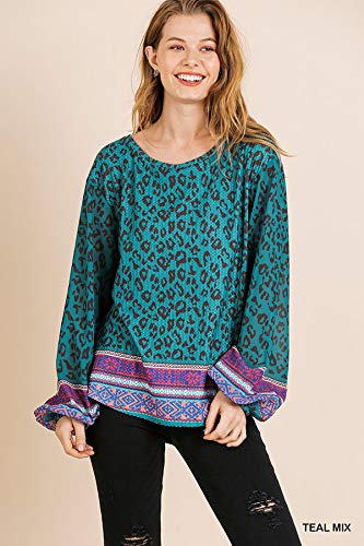 Umgee Women's Scarf Print Waffle Knit Top - Soft Long Sleeve Blouse for Fall & Winter | Casual Office Wear, Layering Piece, Date Night Outfit