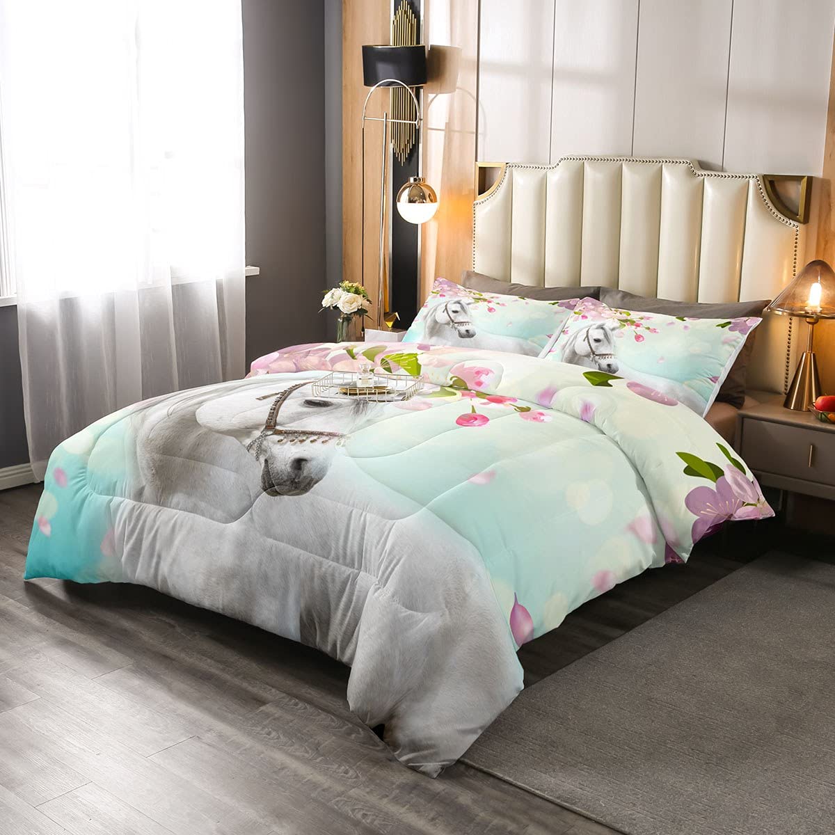 White Horse Down Comforter Set - Butterfly & Animal Print Pink Floral Bedding for Kids, Girls & Women - Western Cowboy Rustic Quilted Duvet Cover with 1 Comforter & 1 Pillowcase - Twin Size Navy Blue - Perfect for Western-Themed Bedrooms & Cozy Sleep