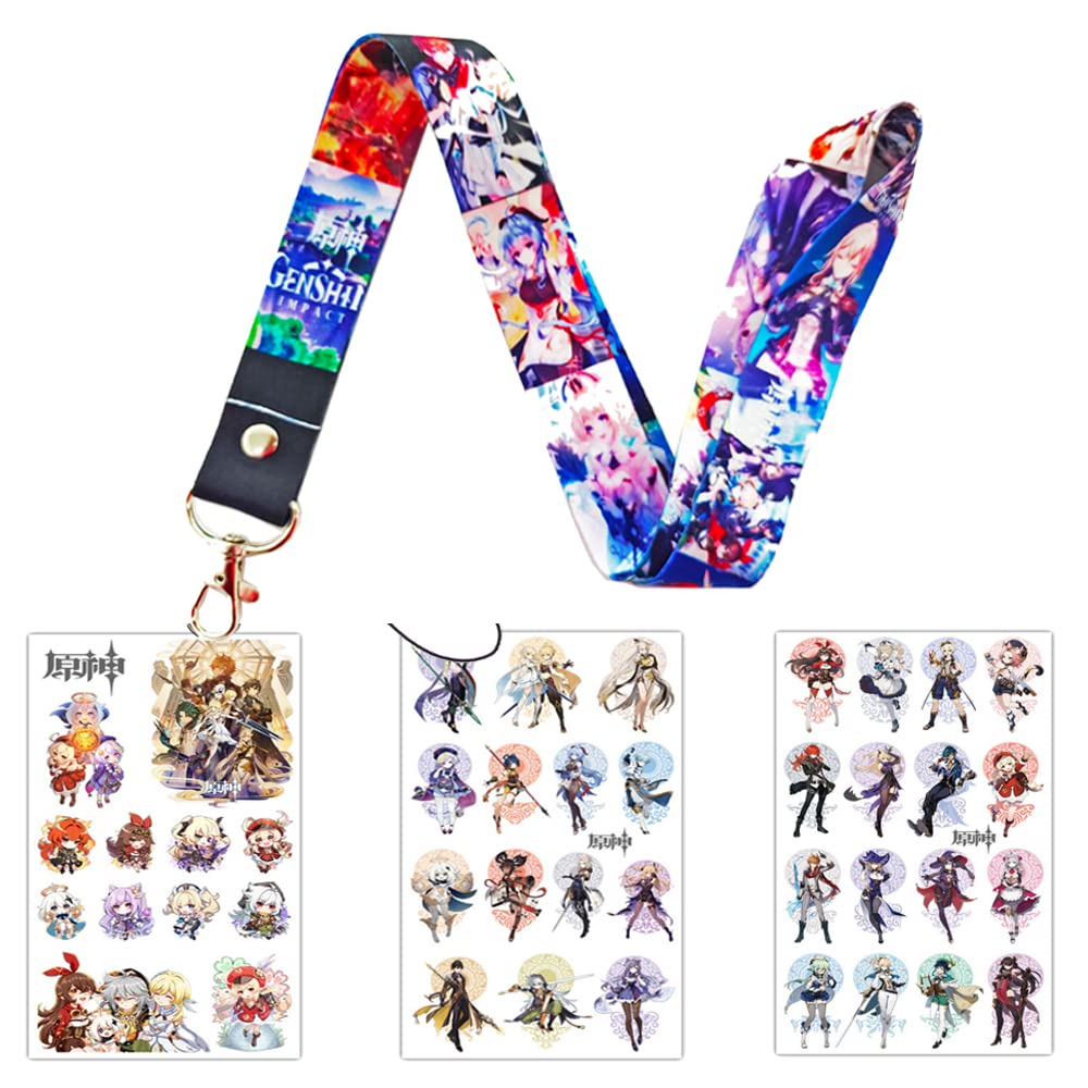 Genshin Impact Merchandise Gift Set - Anime Drawstring Backpack, 50 Cartoon Stickers, Lanyard, Keychains, Bracelets, Button Pins for Fans | Perfect for Cosplay, Conventions & Gaming Collectors