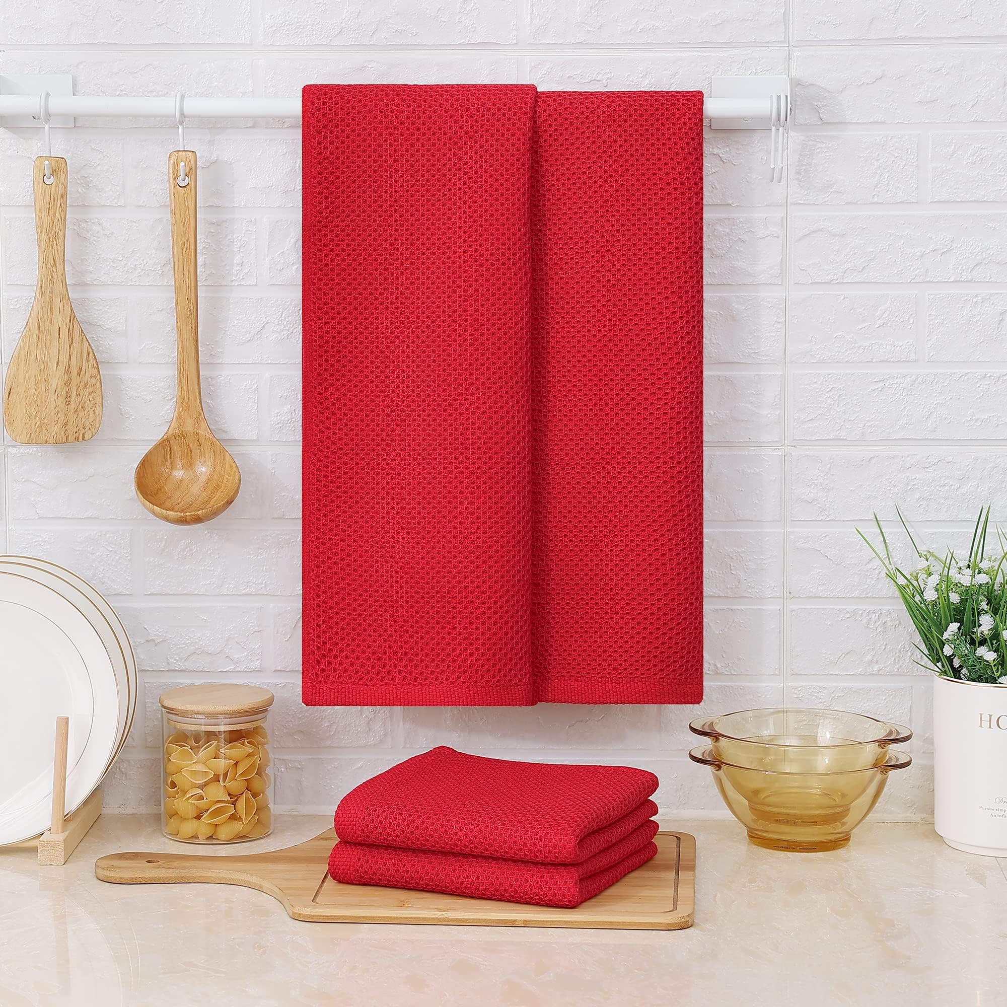 Kitinjoy 100% Cotton Waffle Weave Kitchen Towels - 4 Pack Super Soft & Absorbent Dish Cloths for Drying Dishes, Hands & Countertops (13x28 Inches, Brick Red) - Perfect for Everyday Kitchen Use, Cleaning & Decor