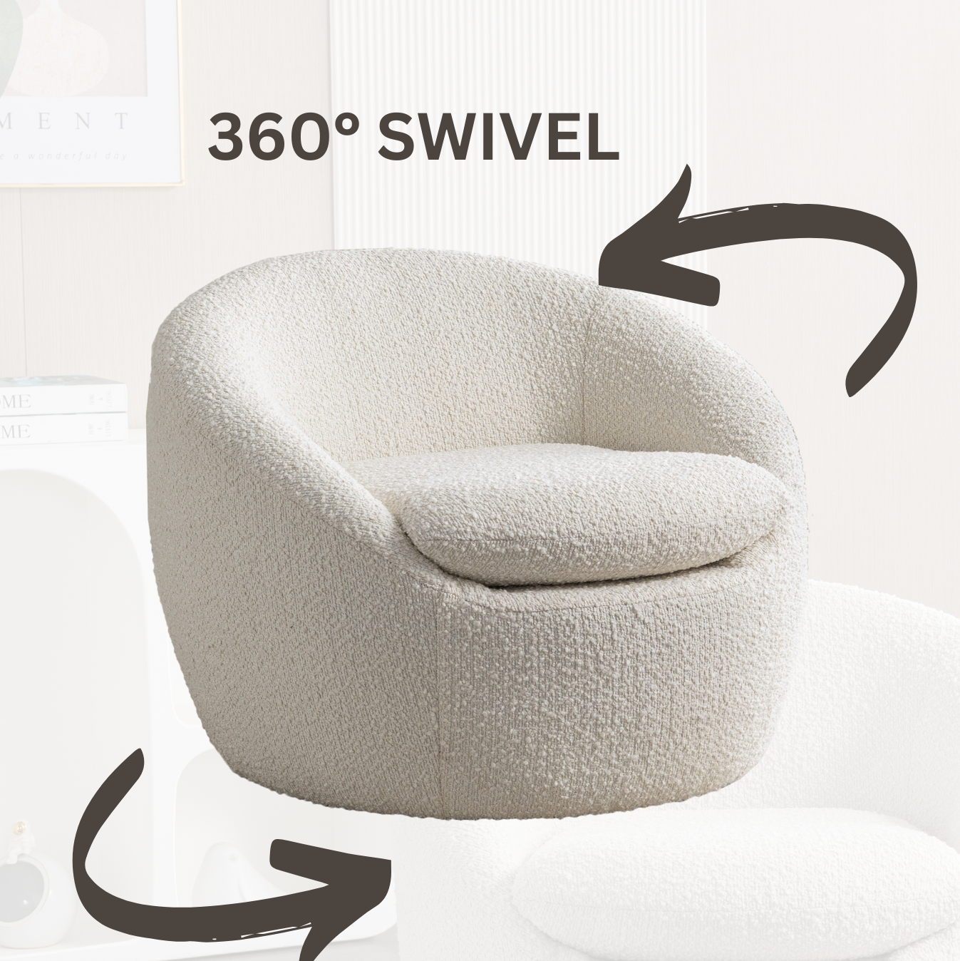 Roundhill Furniture Winnie Modern Barrel Chair - 360° Swivel Accent Chair with Upholstered Seat & Metal Base for Living Room, Bedroom or Office