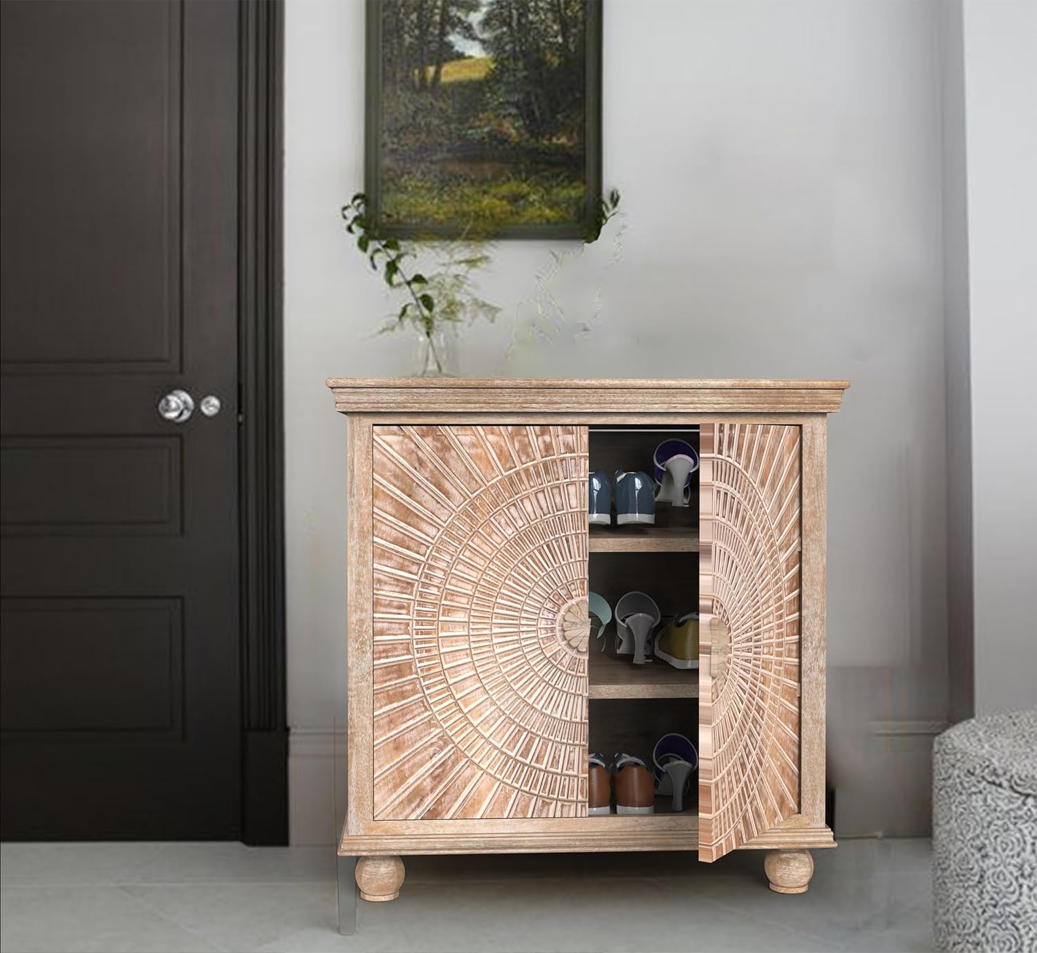 Premium Solid Mango Wood Sunburst Carving Sideboard - Farmhouse Style White Buffet Cabinet for Dining Room, Living Room & Entryway Storage | Corsica Rising Small Collection
