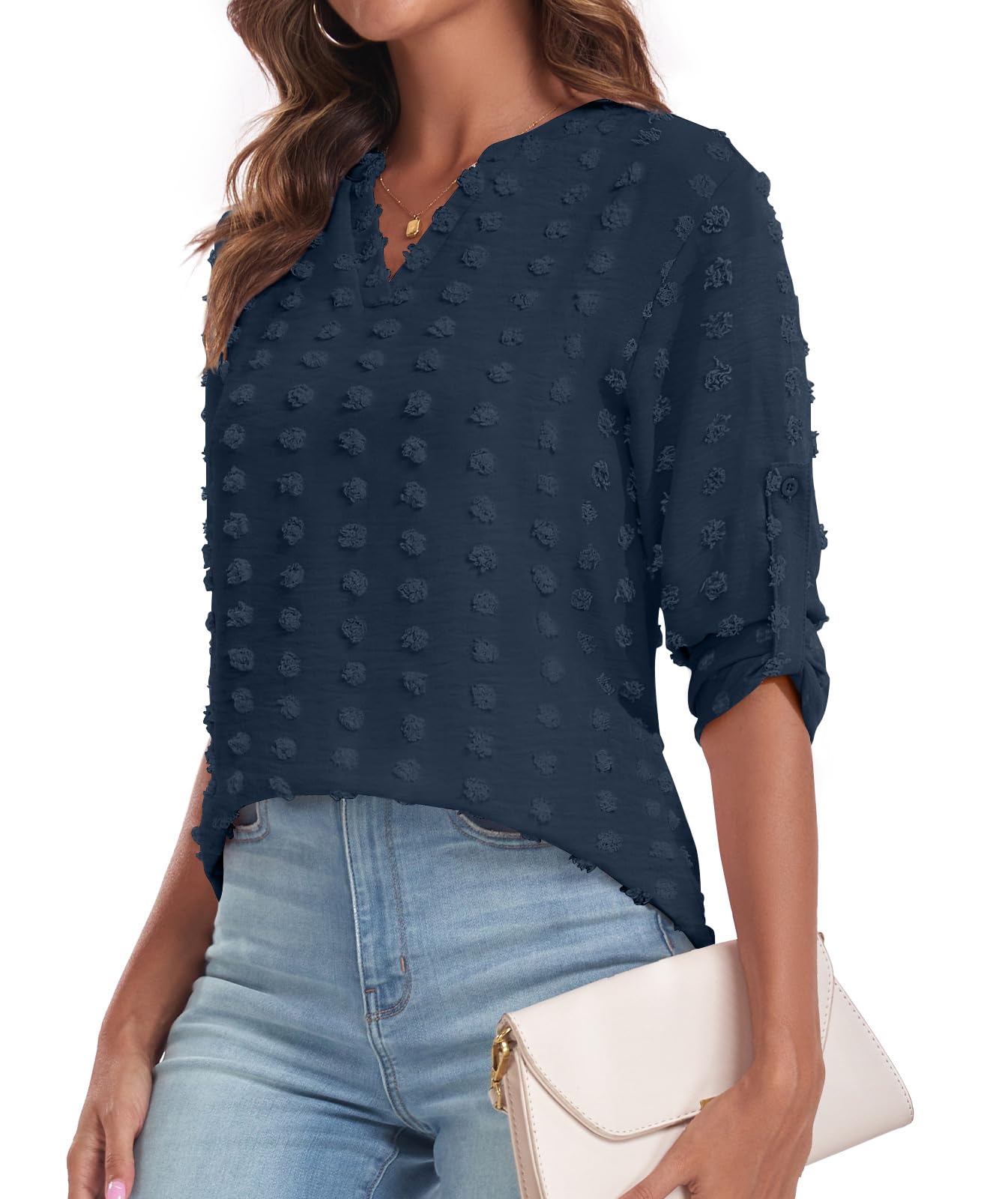 Anyhold Women's 3/4 Sleeve Chiffon Blouse - V Neck Swiss Dot Flowy Shirt for Work & Casual Wear | Elegant Office Tops & Date Night Outfits