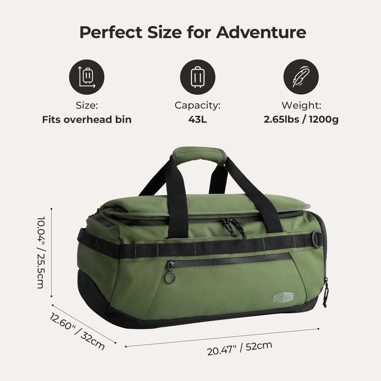 Paz 43L Duffle Backpack - Waterproof Travel Duffel Bag with Shoulder Strap for Gym, Camping & Weekend Getaways