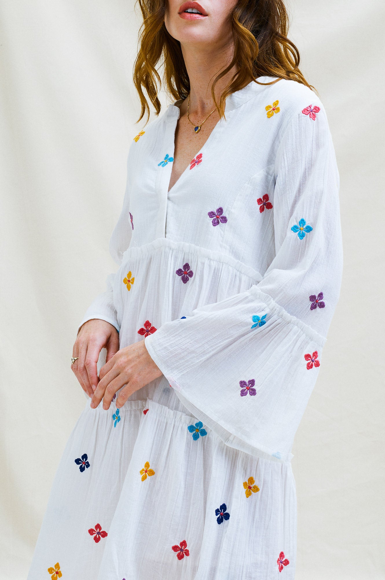 Elegant Cristina Embroidered Kaftan Dress for Women - White & Multicolor Floral Design | Perfect for Beach Cover-Up, Summer Vacation, and Boho Chic Outfits