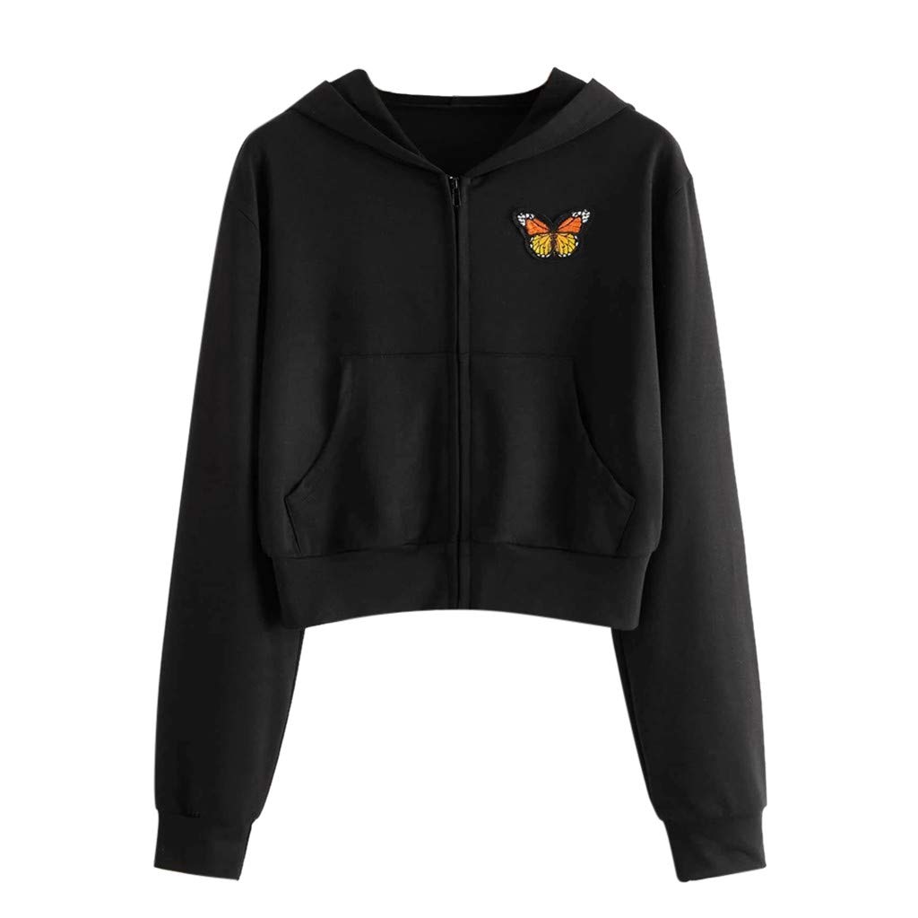 Trendy Long Sleeve Embroidery Hooded Zip Up Sweatshirt for Teen Girls & Women - Stylish Crop Top for Casual Wear, Gym, and Street Fashion