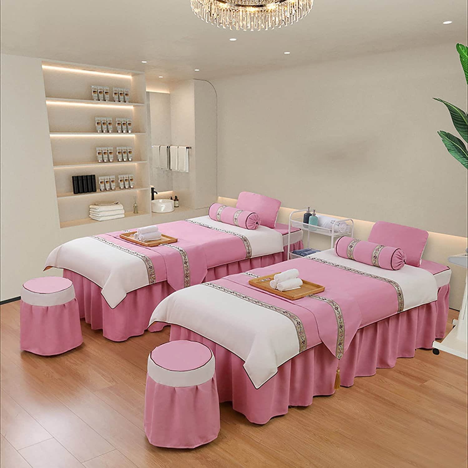 Professional Beauty Salon Spa Massage Table Sheet Set - 4 Piece Bedding Kit with Facial Hole, Bed Skirt & Stool Cover - 70x185cm Round Head Pink Linen - Perfect for Facial Treatments, Massage Therapy & Spa Services