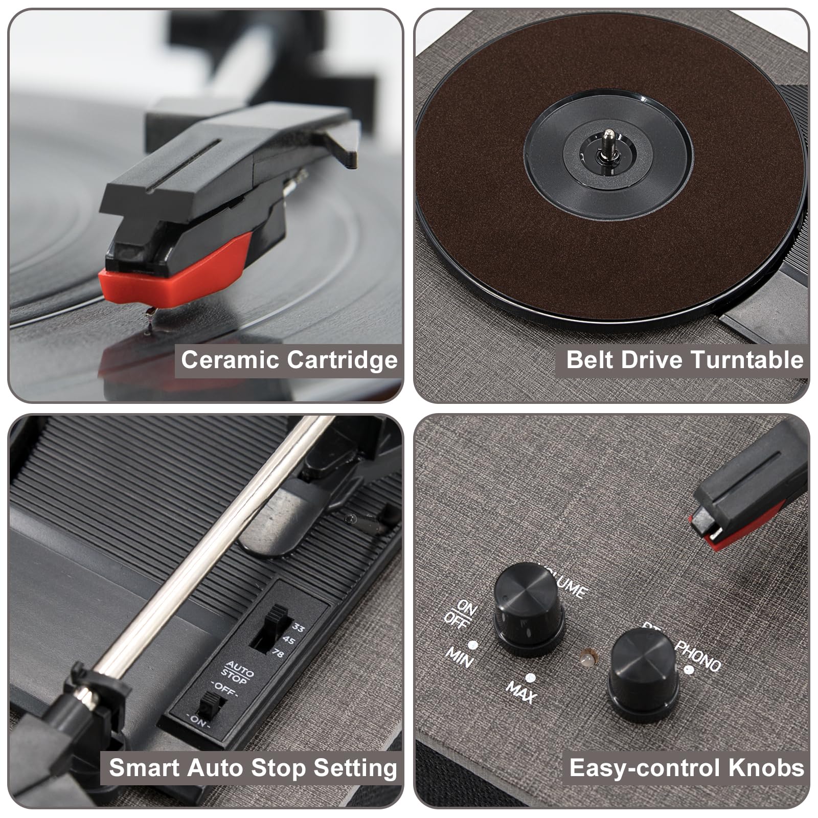 MPK Bluetooth Record Player - 3-Speed Belt-Drive Vinyl Turntable with HiFi Bookshelf Speakers | Wireless Playback & Auto-Stop | Grey Cloth Pattern | Perfect for Home Entertainment & Vinyl Collection