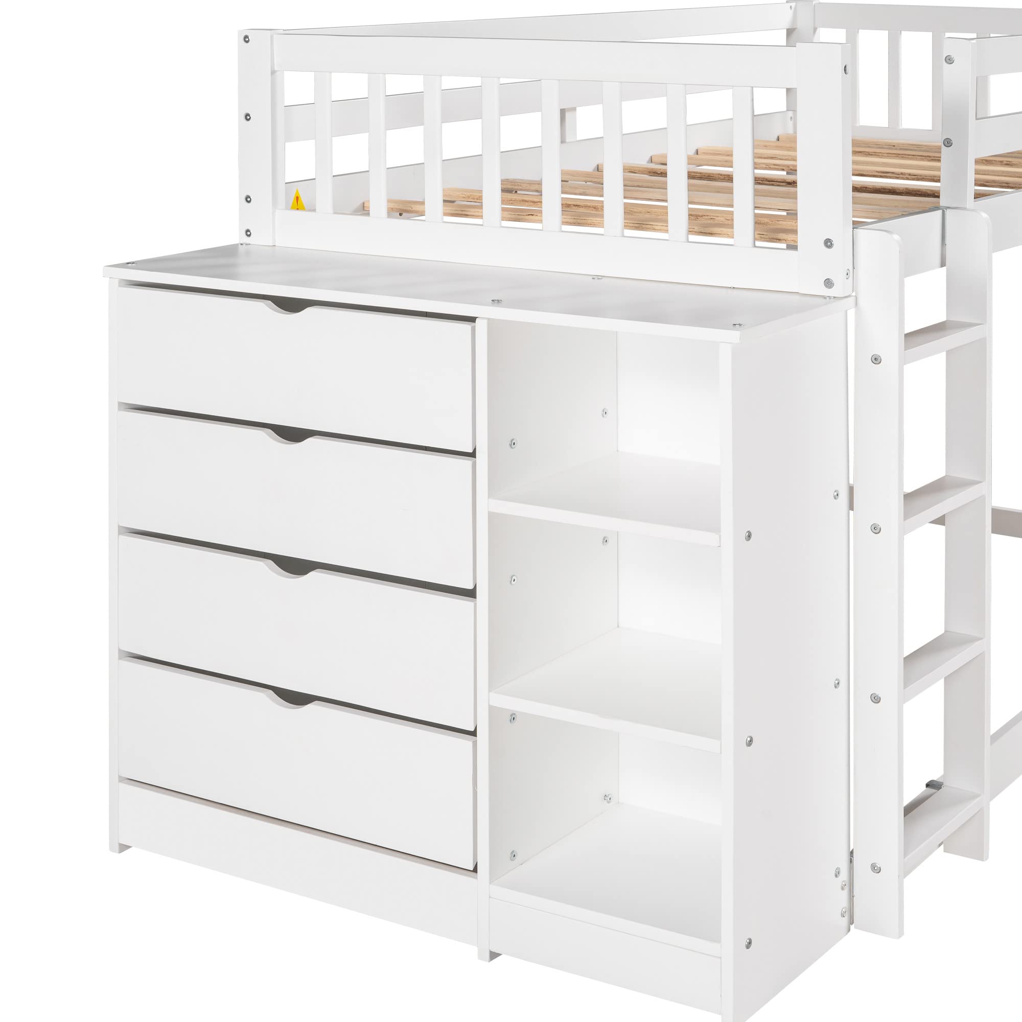 Twin Over Twin Solid Wood Bunk Bed with Storage Cabinet & Shelves - Low Loft Bed Frame with Ladder & Guardrails for Kids, Teens & Adults - Multi-Functional Space Saving Design (White) - Perfect for Small Bedrooms, Dorm Rooms & Guest Rooms