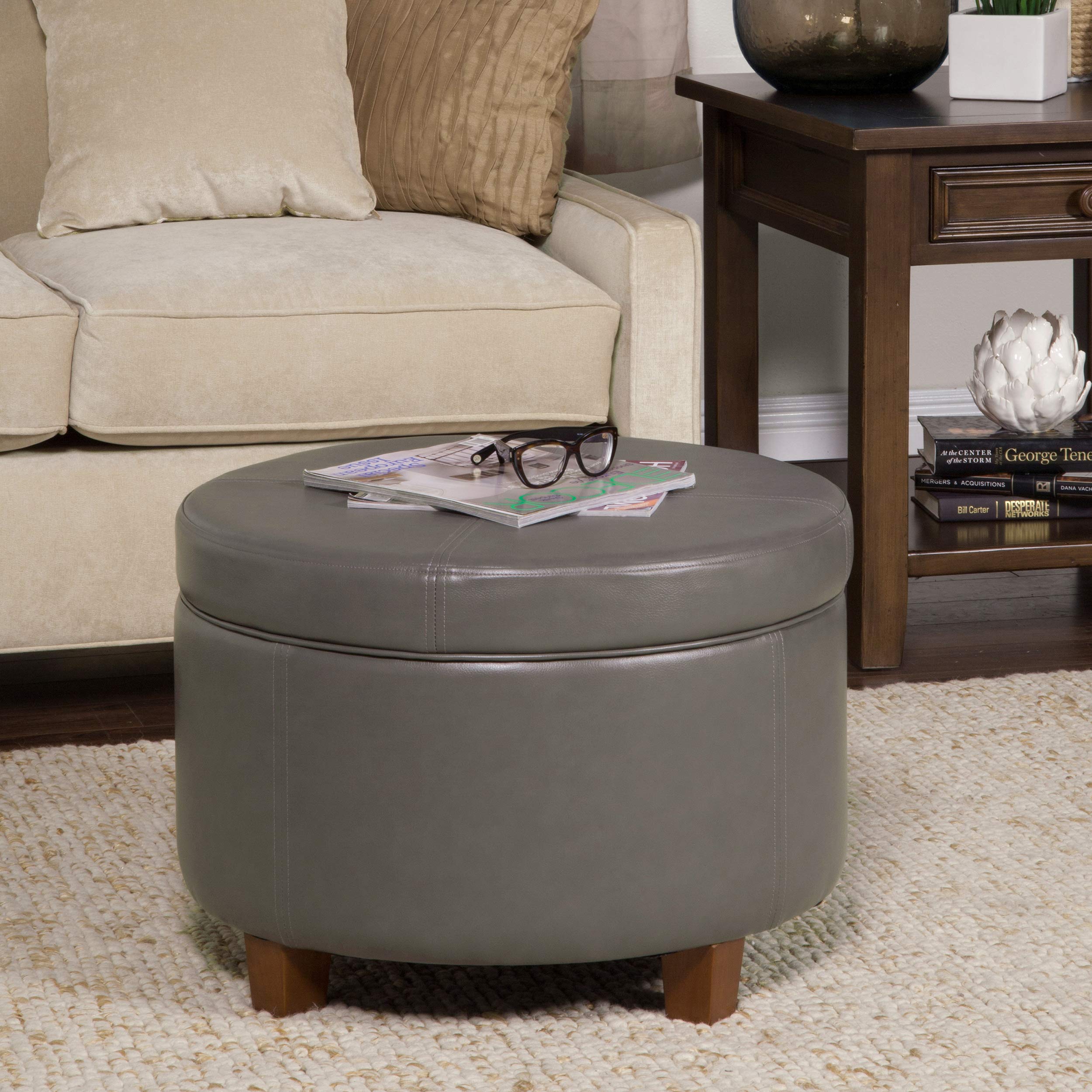 HomePop Large Round Leatherette Storage Ottoman with Lift-Top Lid - Charcoal Grey | Footrest, Coffee Table & Hidden Storage for Living Room, Bedroom & Office