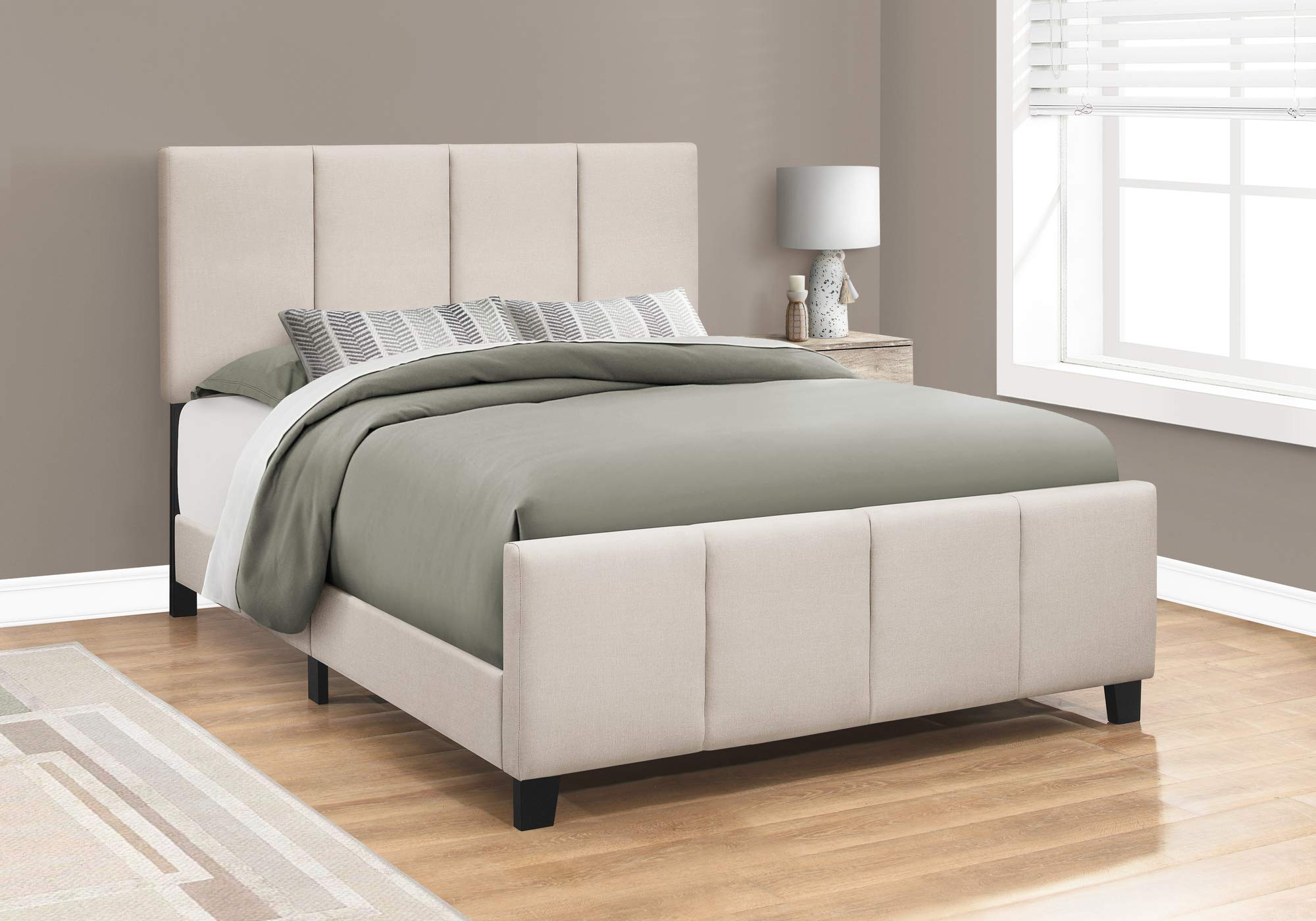 Monarch Specialties Queen Size Upholstered Platform Bed Frame - Beige & Black Linen Look for Modern & Transitional Bedrooms | Perfect for Master Bedroom, Guest Room & Apartment