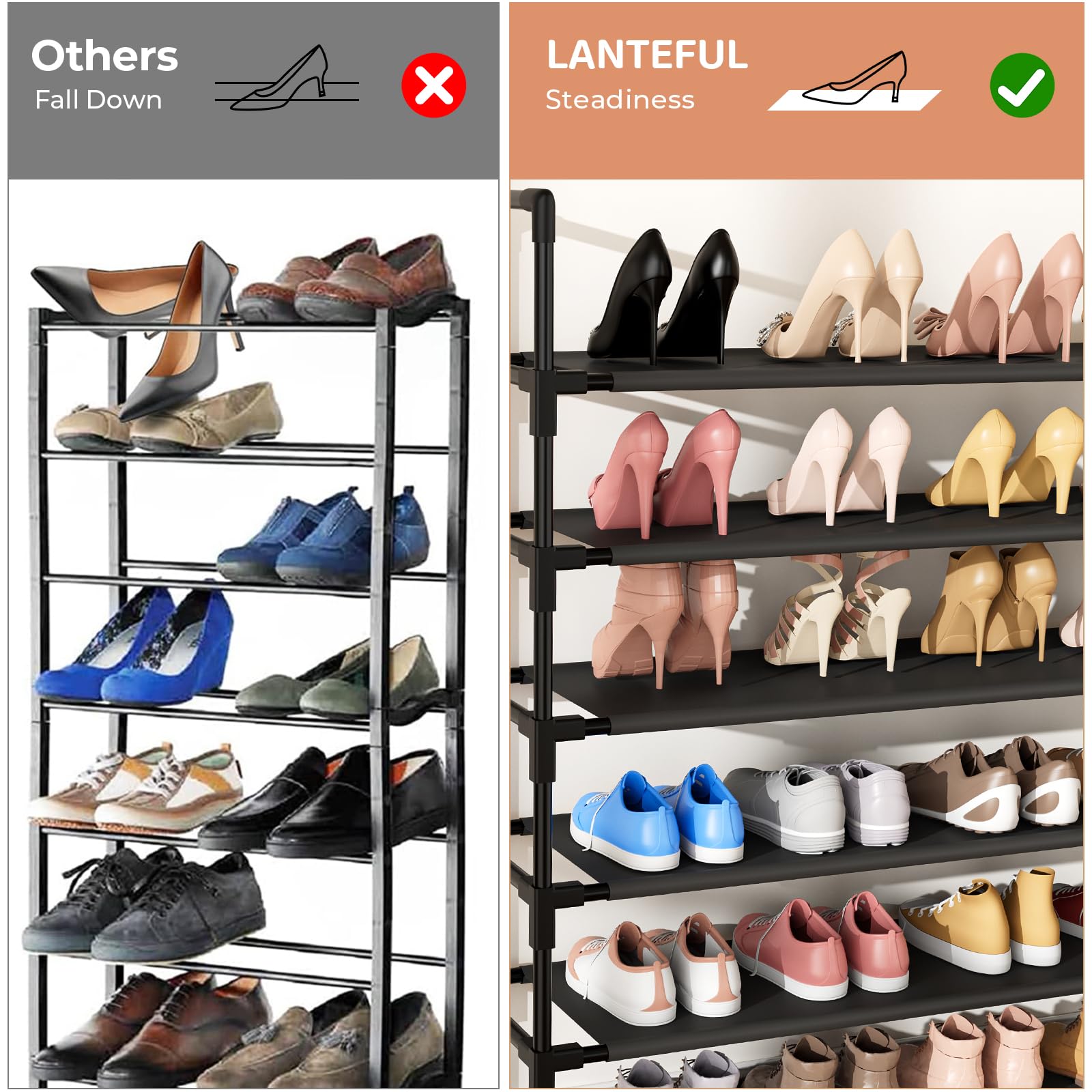 11-Tier Tall Shoe Rack Organizer - Holds 55 Pairs of Shoes with 18 Hooks - Sturdy Free Standing Metal Shoe Storage Shelf for Closet, Entryway, Bedroom - Space Saving Black Shoe Organizer for Home & Office Use