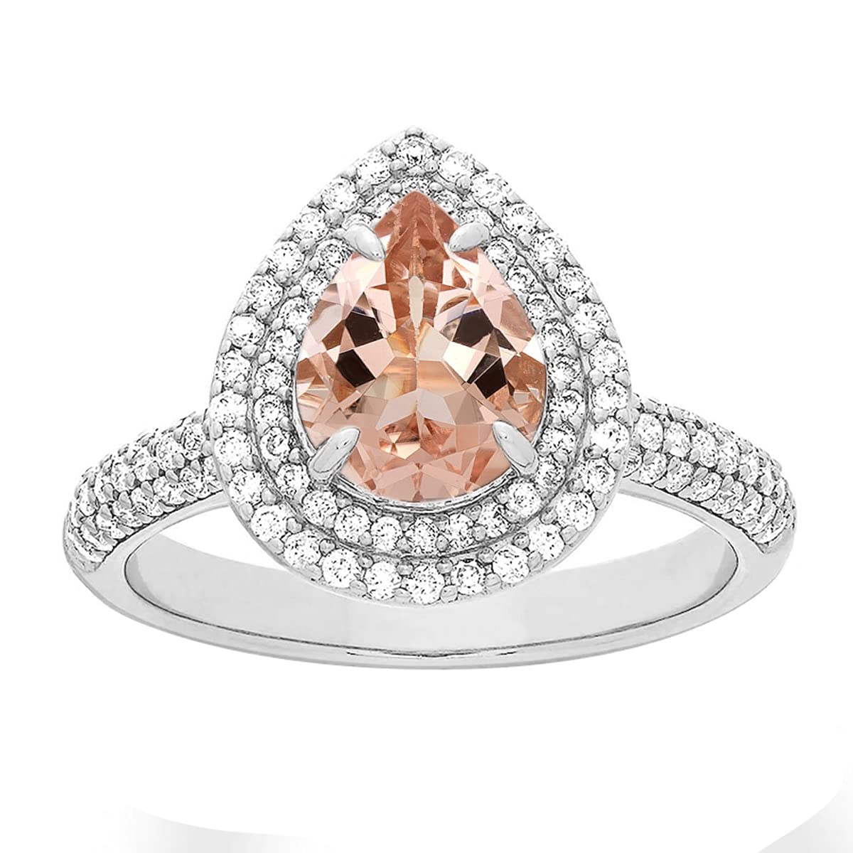 Shine Jewel Double Halo Pear Morganite Gemstone 1.5 Ctw Solitaire Accents 925 Sterling Silver Ring for Women | Elegant Engagement, Wedding, Anniversary Gift | Perfect for Special Occasions & Everyday Wear