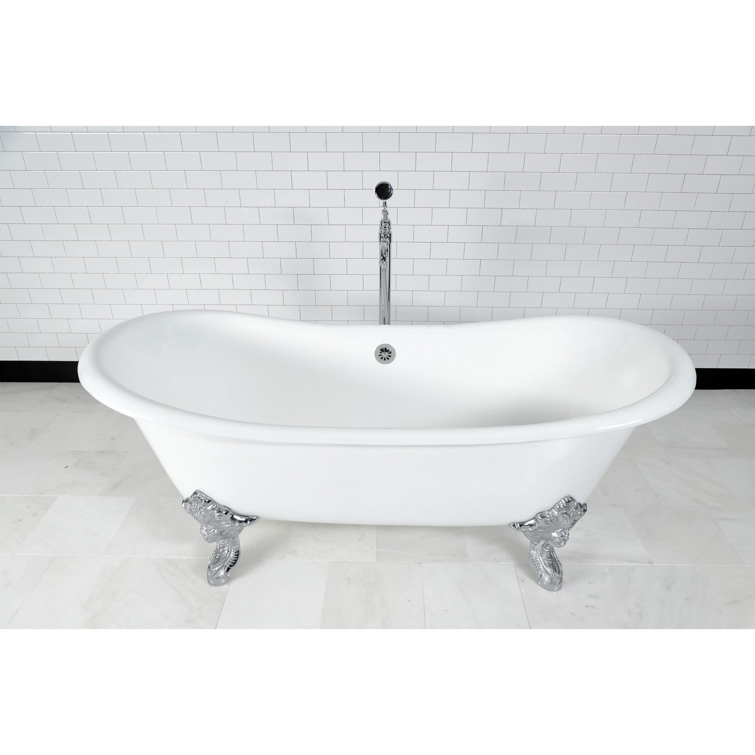 Aqua Eden 72 Inch White Cast Iron Oval Double Slipper Clawfoot Bathtub - No Faucet Drillings, Polished Chrome Finish | Vintage Luxury Soaking Tub for Master Bathroom & Spa Retreat