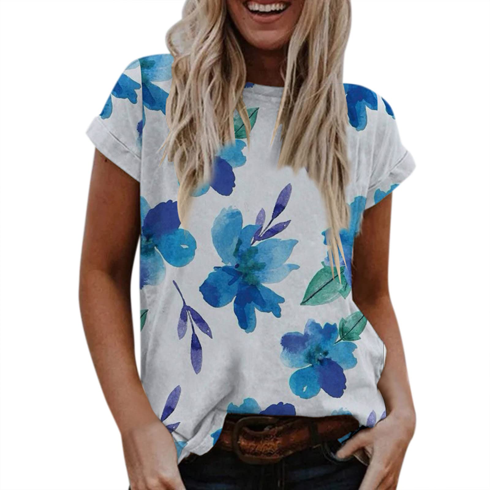 Women's Floral Short Sleeve T-Shirt | Color Block Casual Crewneck Tee | Summer Tunic Top for Women | Perfect for Beach Outings, Casual Wear & Summer Fashion