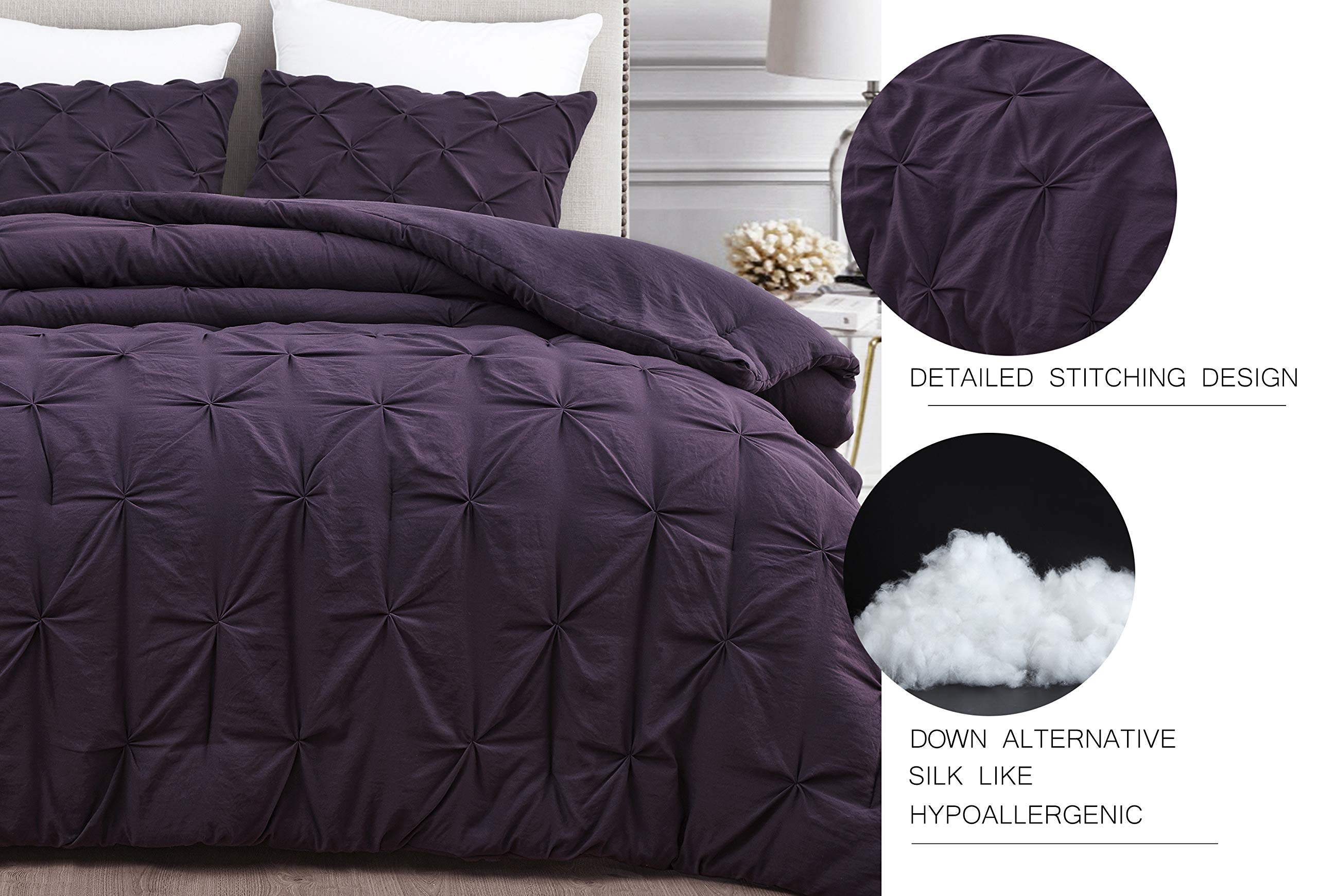 Premium Soft Cotton Comforter Set - All Season Goose Down Alternative Pinch Pleat Duvet Insert | 500 GSM Fill Power | Ultra Soft Oversized Queen 3-Piece Bedding Set (Eggplant Purple) for Cozy Bedroom, Guest Room & Luxury Hotel Decor