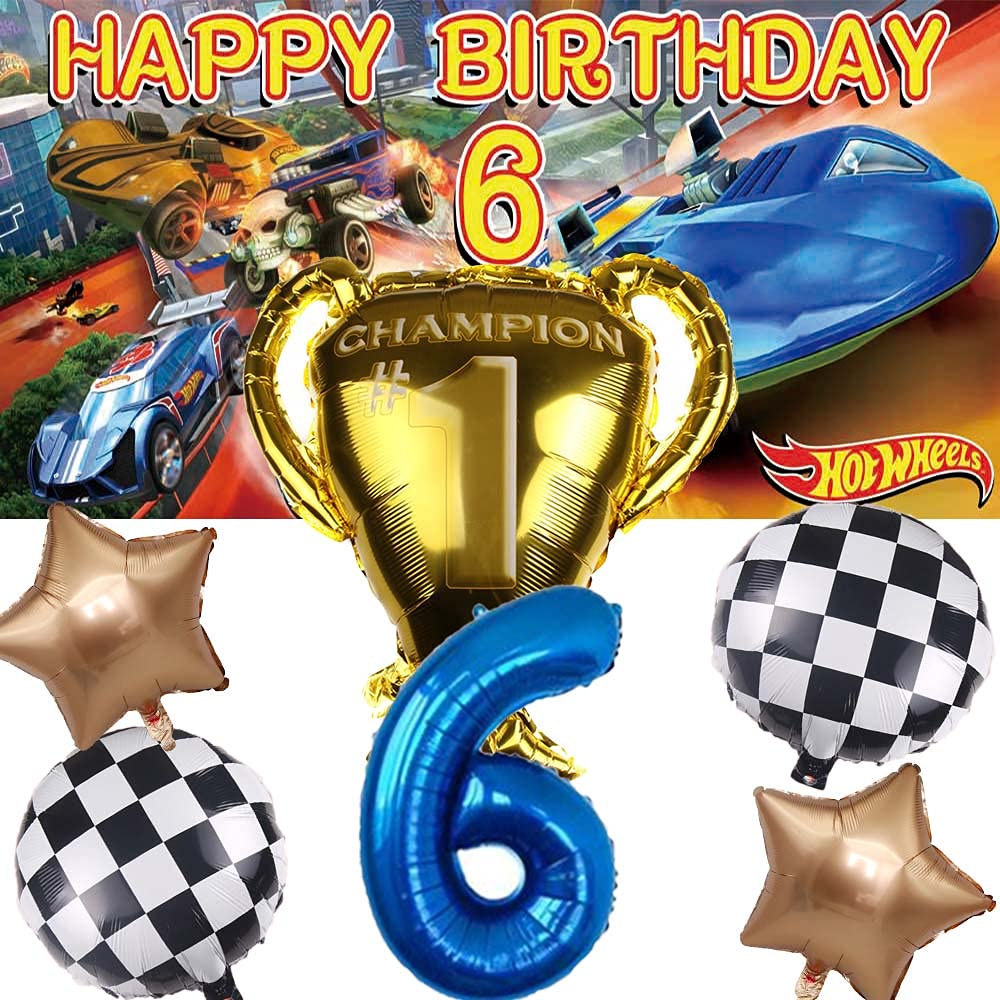 Hot Wheels Birthday Party Decor Set - Balloons, Banner, Backdrop, Cake Topper for Boys' Car Theme Celebration