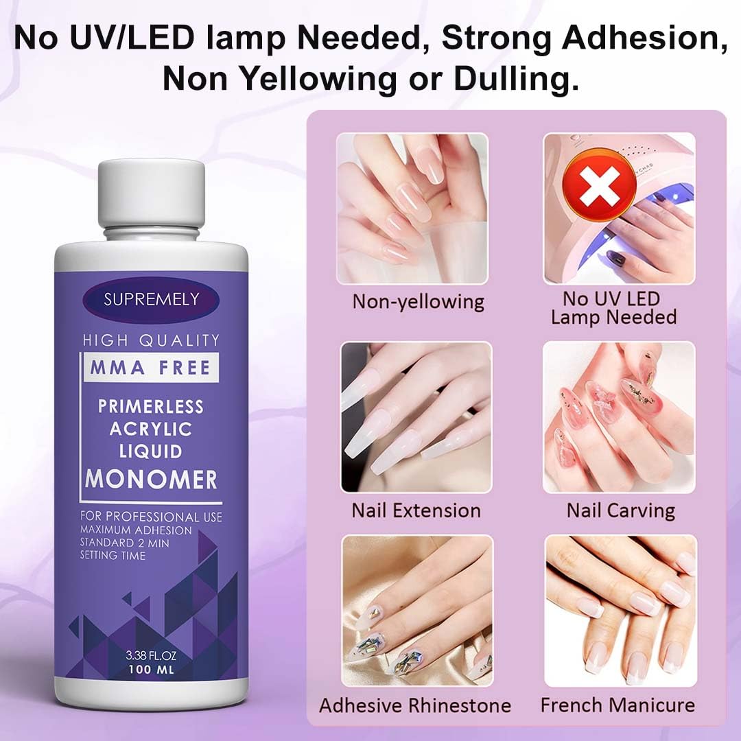Professional Salon MMA-Free Acrylic Liquid Monomer - Non-Yellowing, Medium Drying Time, Maximum Strength Nail Adhesive for Nail Extensions (100ml, Purple) - Perfect for Natural & Artificial Nails - Home & Salon Use by Supremely
