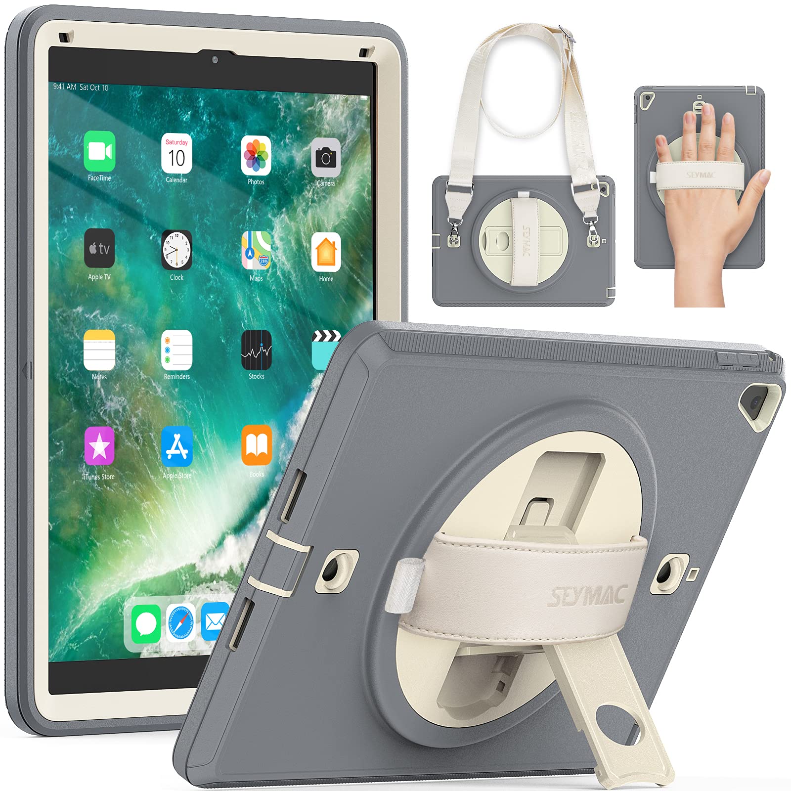 SEYMAC iPad 6th/5th Generation Case - 360° Rotatable Stand with Screen Protector & Pencil Holder | Shockproof Protective Cover for iPad 9.7/Air 2/Pro 9.7 (Beige/Grey) | Perfect for Work, Travel & School Use