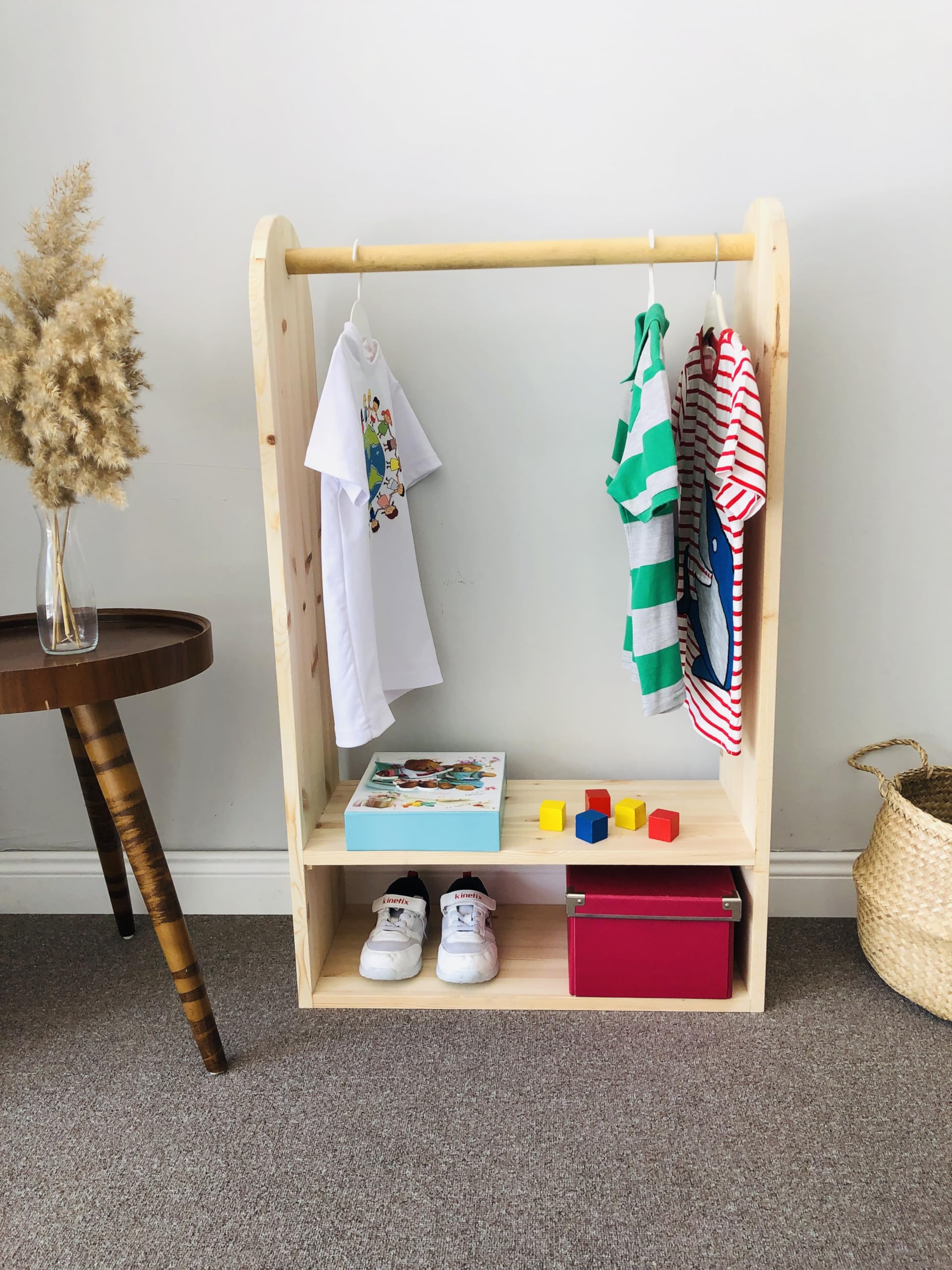Montessori Dress Up Clothes Storage for Girls - Handmade Solid Pine Wood Wardrobe with Hanging Rod - Kids Clothing Rack & Toddler Garment Organizer for Bedroom - Perfect for Pretend Play & Nursery Organization