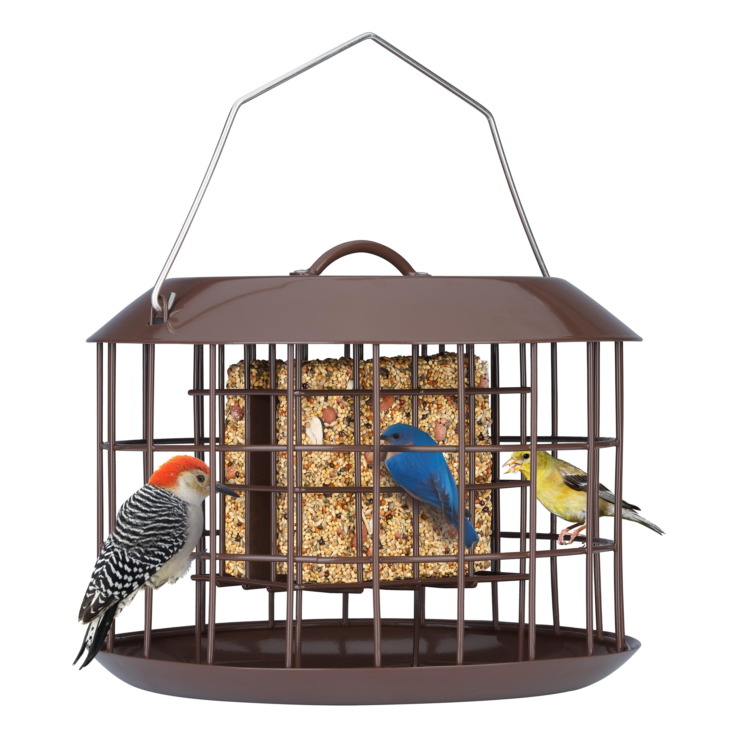 Kingsyard Squirrel Proof Suet Bird Feeder - All Metal Outdoor Hanging Cage Feeder with Double Suet Cake Capacity, Tray & Weatherproof Design (Brown) - Perfect for Backyard Bird Watching & Wildlife Observation