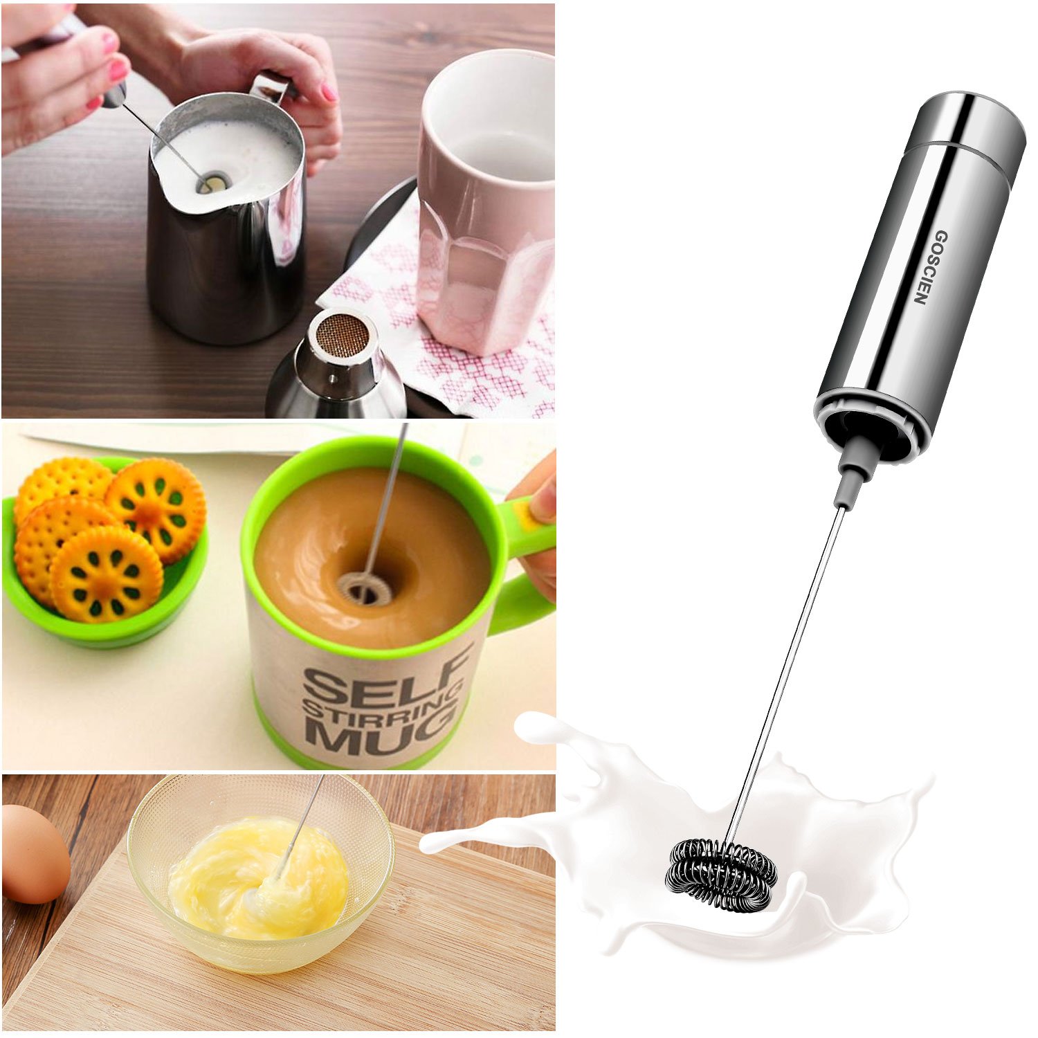 GOSCIEN Handheld Electric Milk Frother - Battery Operated Drink Mixer with 2 Stainless Steel Whisk & Storage Tube for Cappuccino, Latte, Bulletproof Coffee - Perfect for Home, Office & Coffee Shops