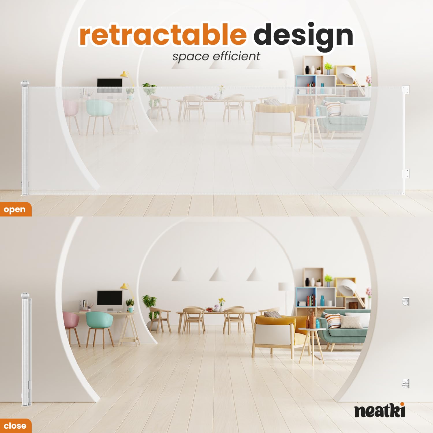 Neatki 190 x 42 Inches Extra Wide Retractable Baby Gate & Dog Gate for Stairs, Doorways, Hallways - Heavy Duty Indoor/Outdoor Safety Barrier with Double Lock System (White) - Perfect for Homes, Apartments, and Pet Owners