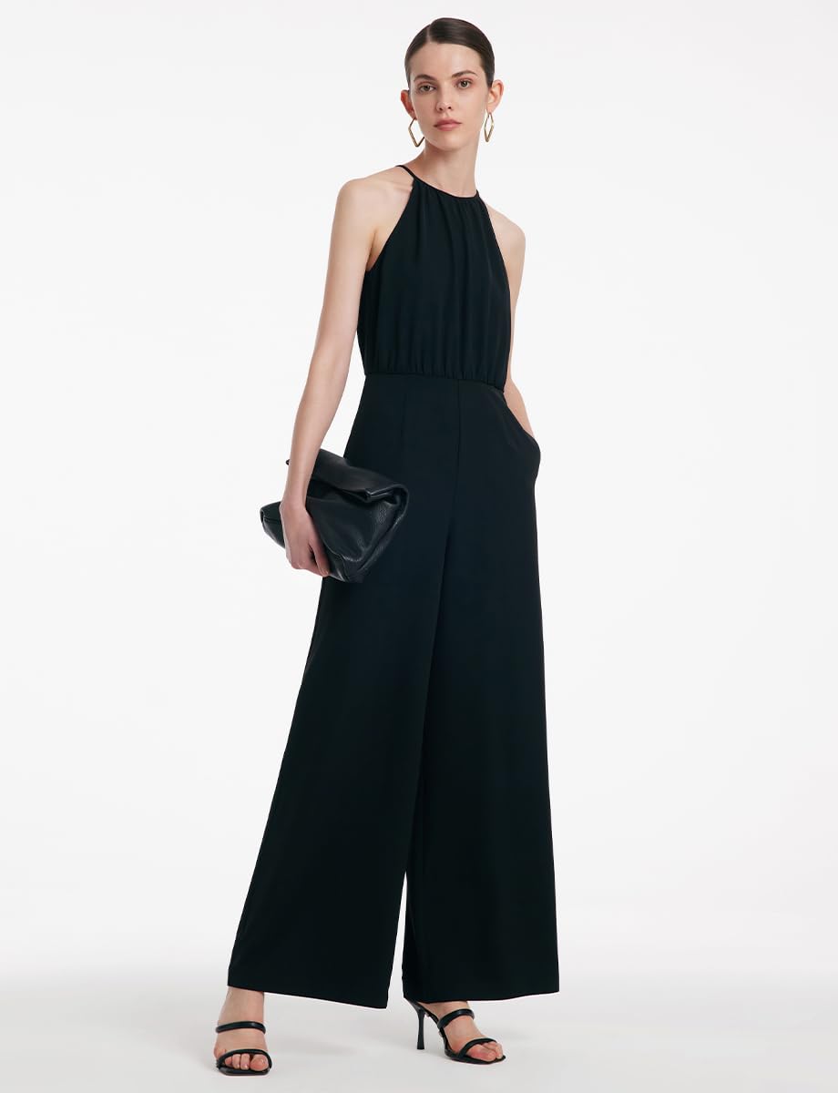 Women's High Waist Halter Camisole Wide Leg Jumpsuit - Black One Piece Romper with Pockets | Casual Outfit for Summer, Beach, Travel & Everyday Wear