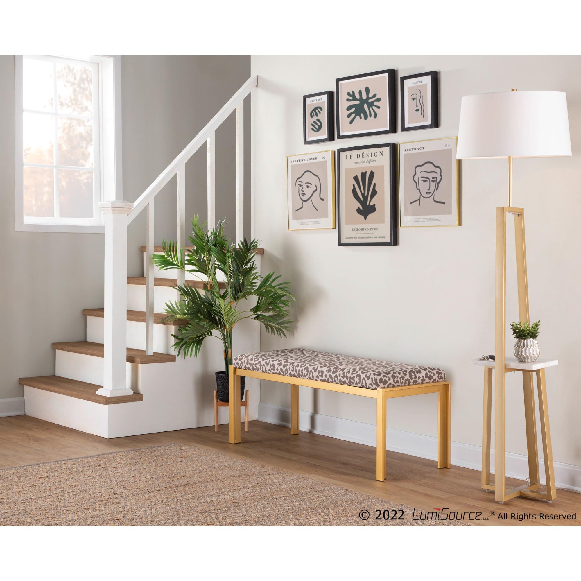 LumiSource Fuji Bench - Gold Fabric Upholstered Entryway Bench, Bedroom Bed Bench, Dining Room Seating - Perfect for Hallway Decor, Bedside Seating & Kitchen Dining Area