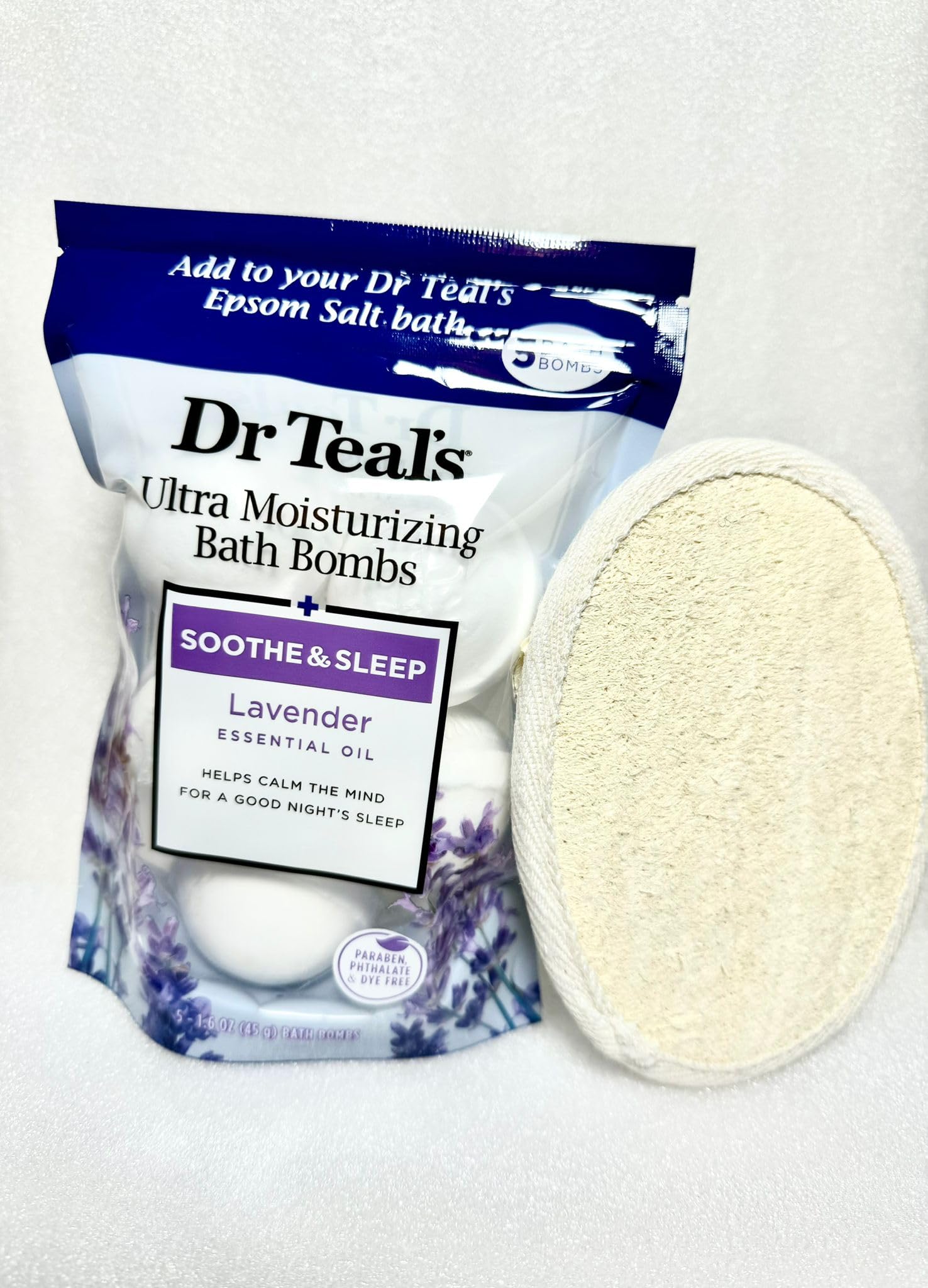 Dr. Teal's 5 Ultra Hydrating Lavender Bubble Bath Bombs with Essential Oils - Relaxing Bath Soak for Women & Men, Includes Exfoliating Pad - Perfect for Stress Relief & Self-Care at Home