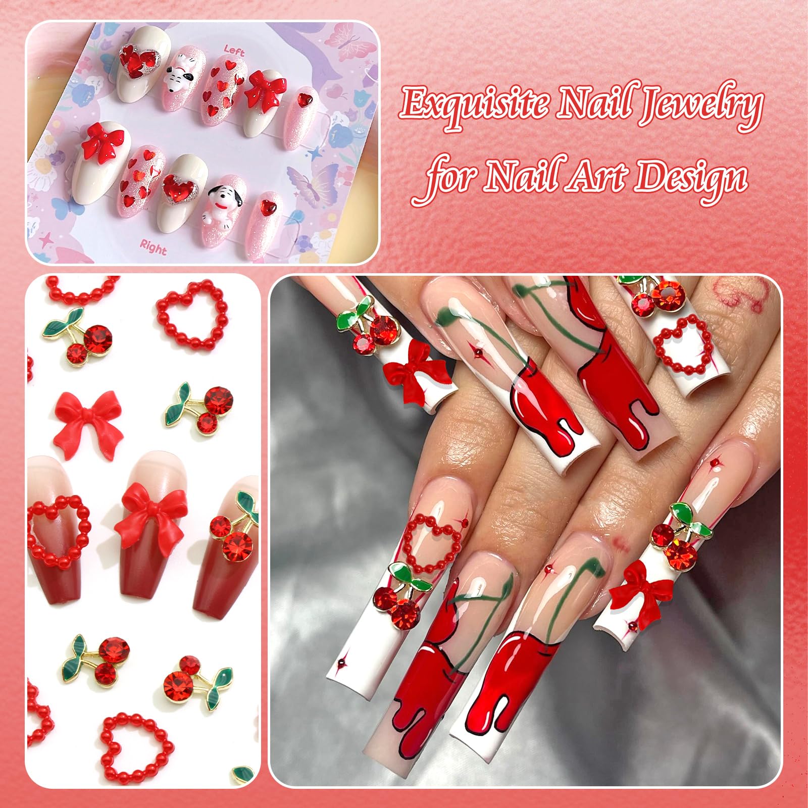 BELICEY 120Pcs Red Acrylic Bow & Heart Flatback Nail Charms - Alloy Cherry Nail Decorations with Rhinestones for DIY Manicure & Nail Art - Perfect for Women's Nail Design, Party Nails, and Professional Salon Use