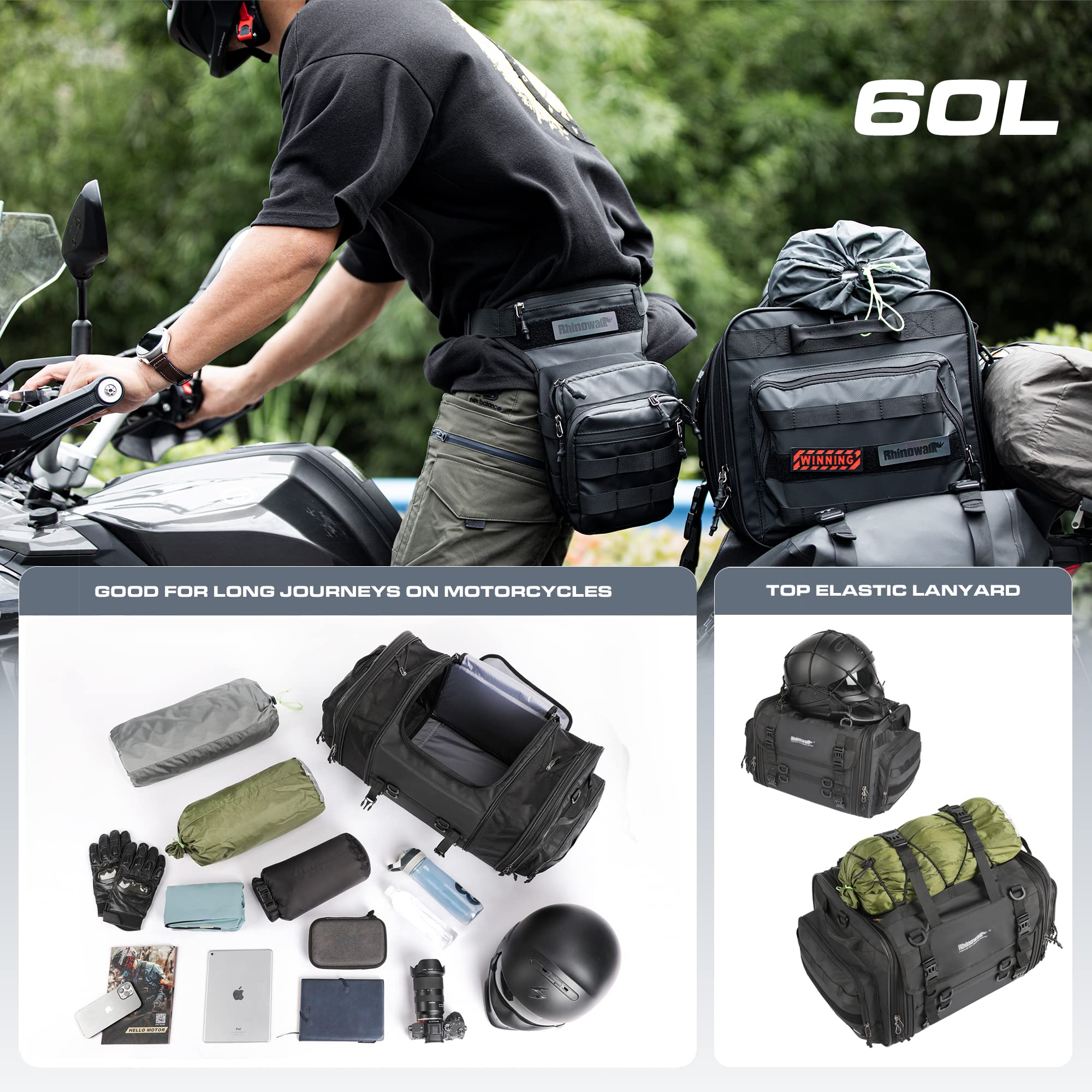HUNTVP 40-60L Motorcycle Seat Bag - Waterproof Motorcycle Tail Bag with Rain Cover, Shoulder Strap & Adjustable Straps - Durable Travel Luggage for Motorbike, Rear Tack Storage - Perfect for Commuting, Road Trips & Adventure Riding (Black)